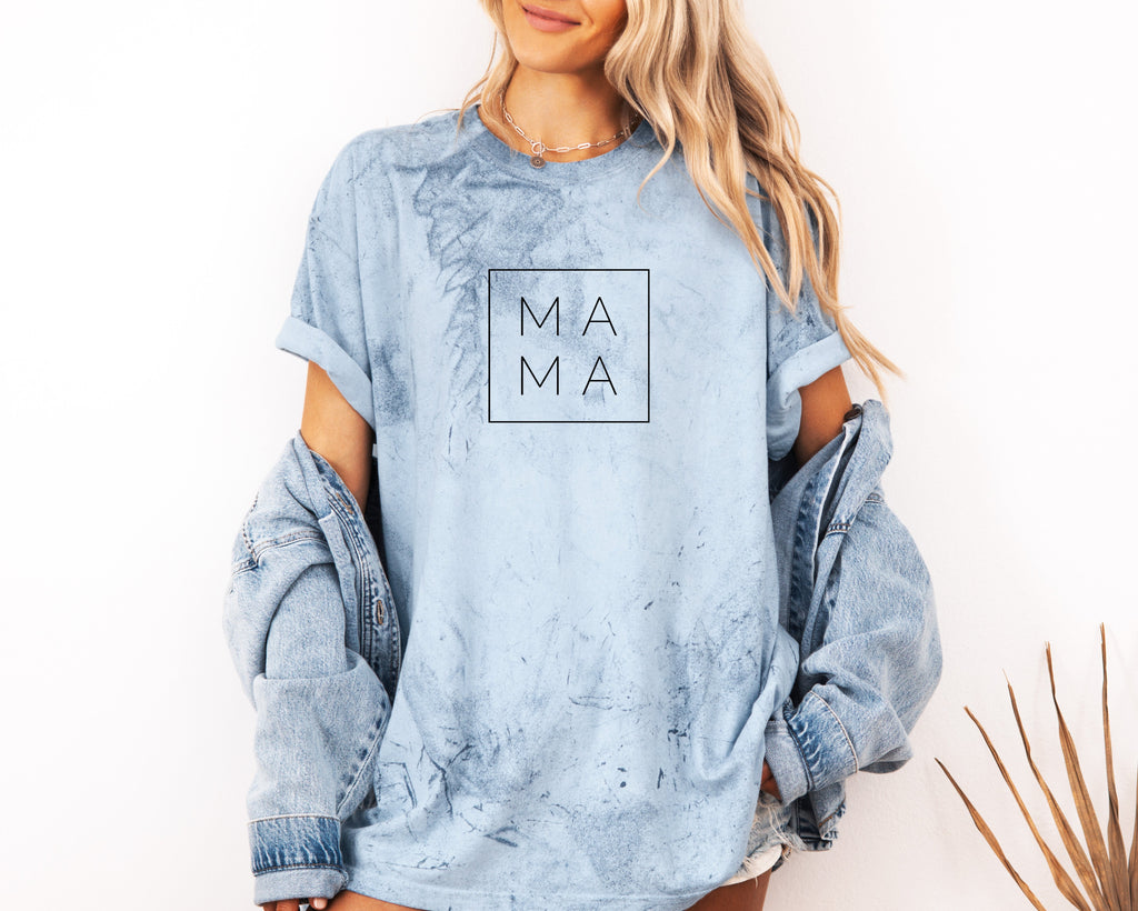 Light blue Mama Comfort Colors T-shirt with square “MA MA” logo print at center chest