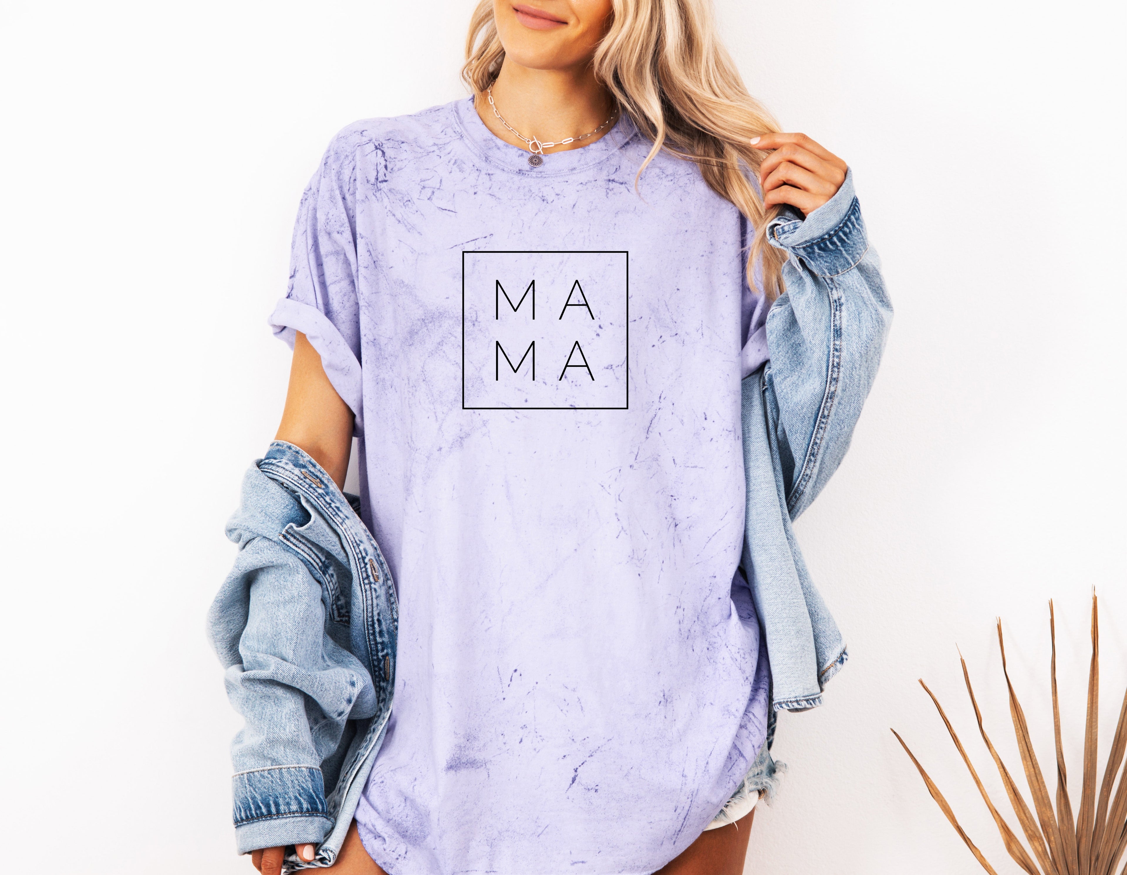 Lavender Mama Comfort Colors T-shirt with square “MA MA” logo print at center chest