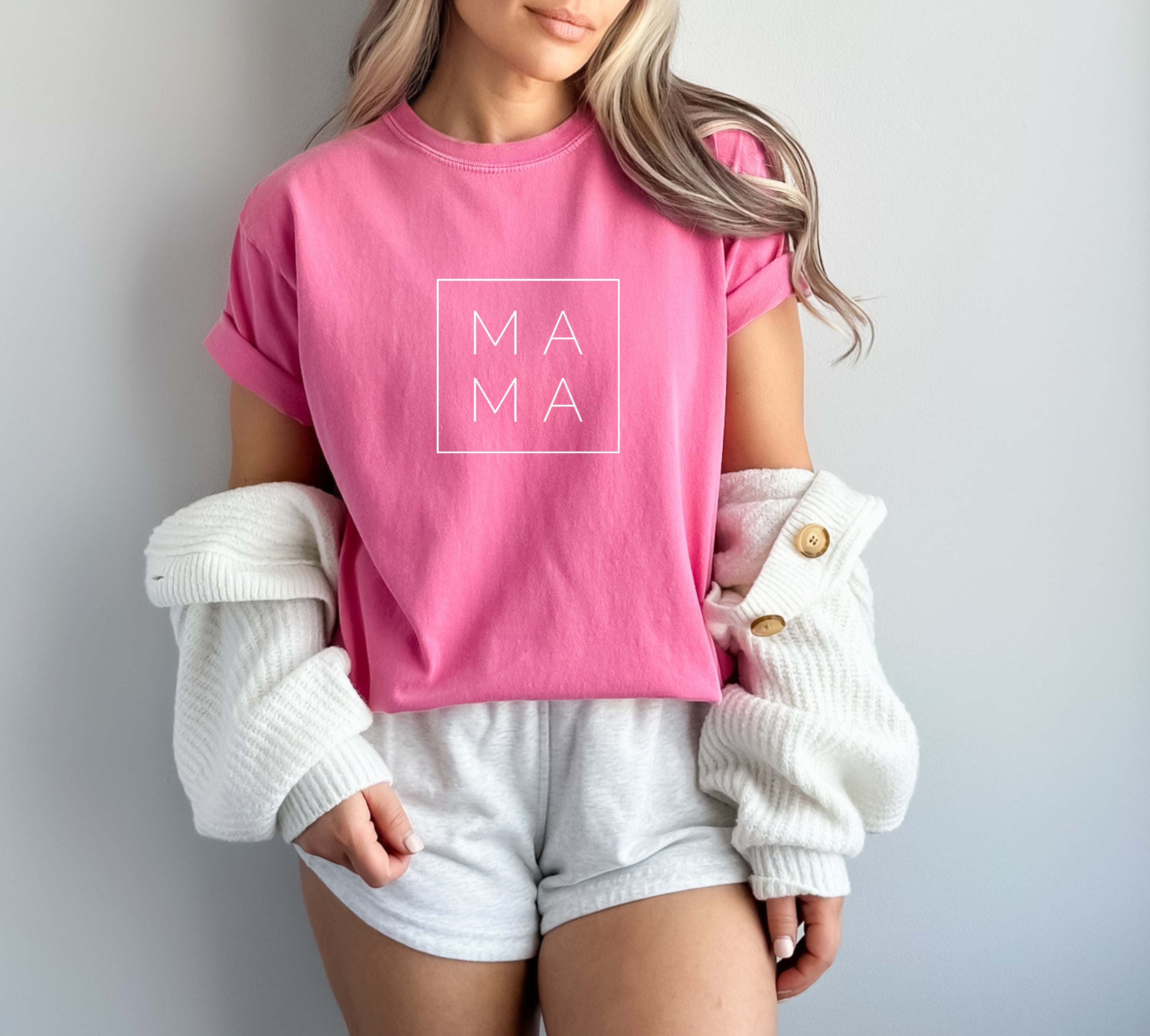 Pink Mama Comfort Colors T-shirt with square “MA MA” logo print at center chest