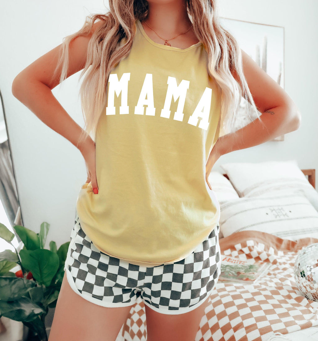 Mama Comfort Colors tank top, pale yellow, condensed MAMA print, scoop neck
