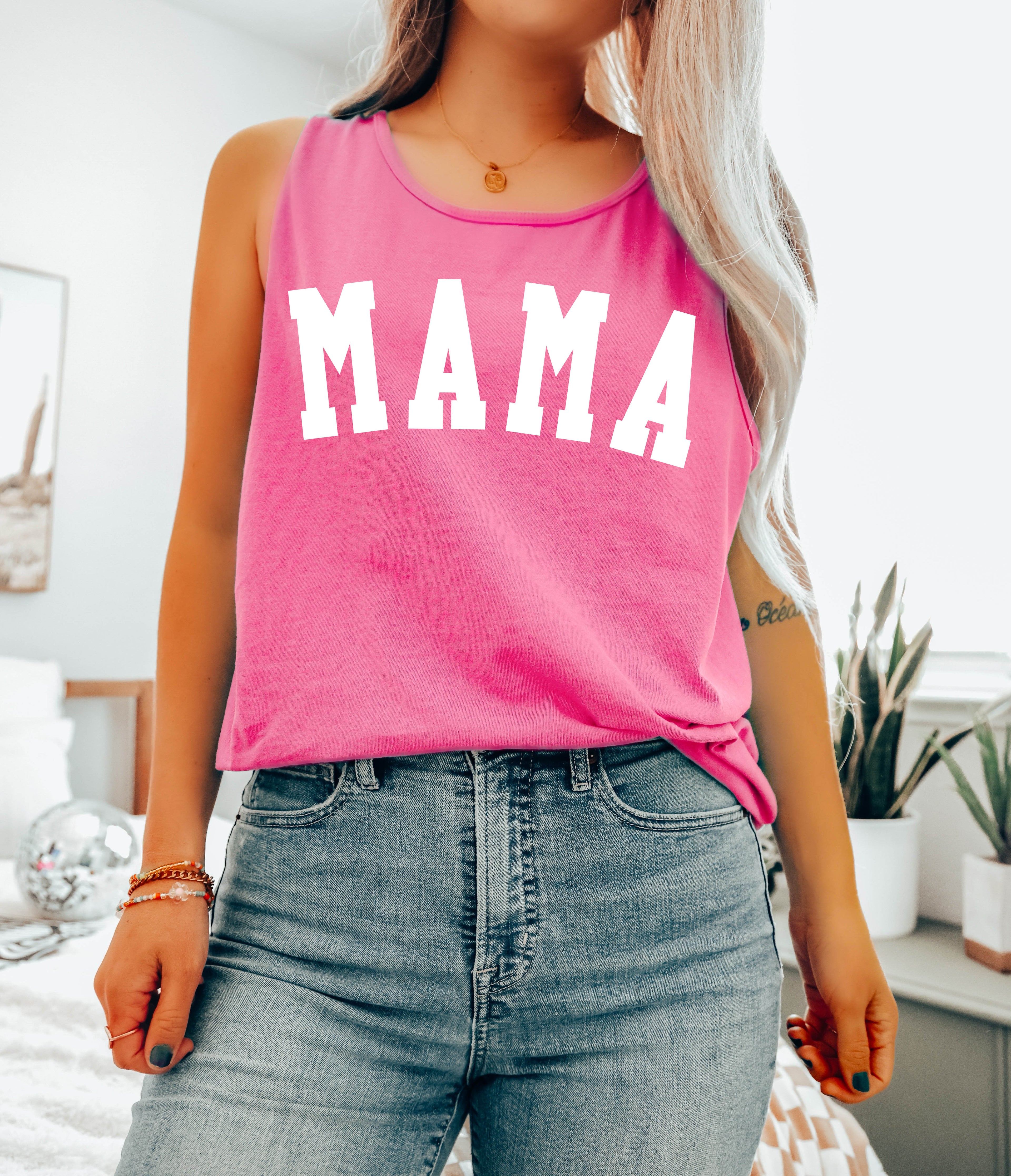 Mama Comfort Colors tank top, pink, condensed MAMA print, scoop neck