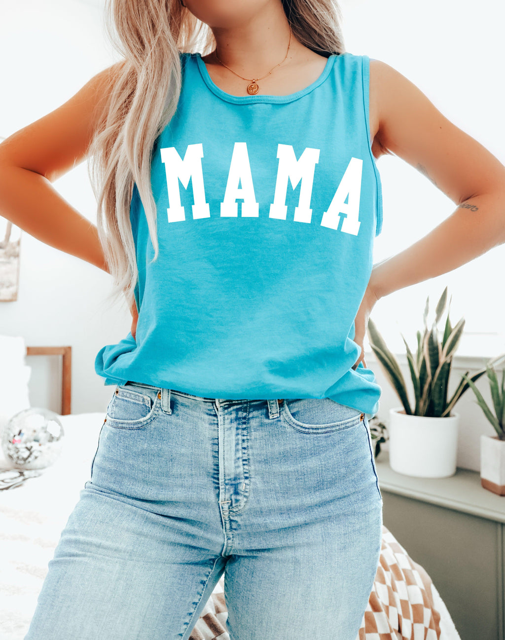 Mama Comfort Colors tank top, teal blue, condensed MAMA print, scoop neck