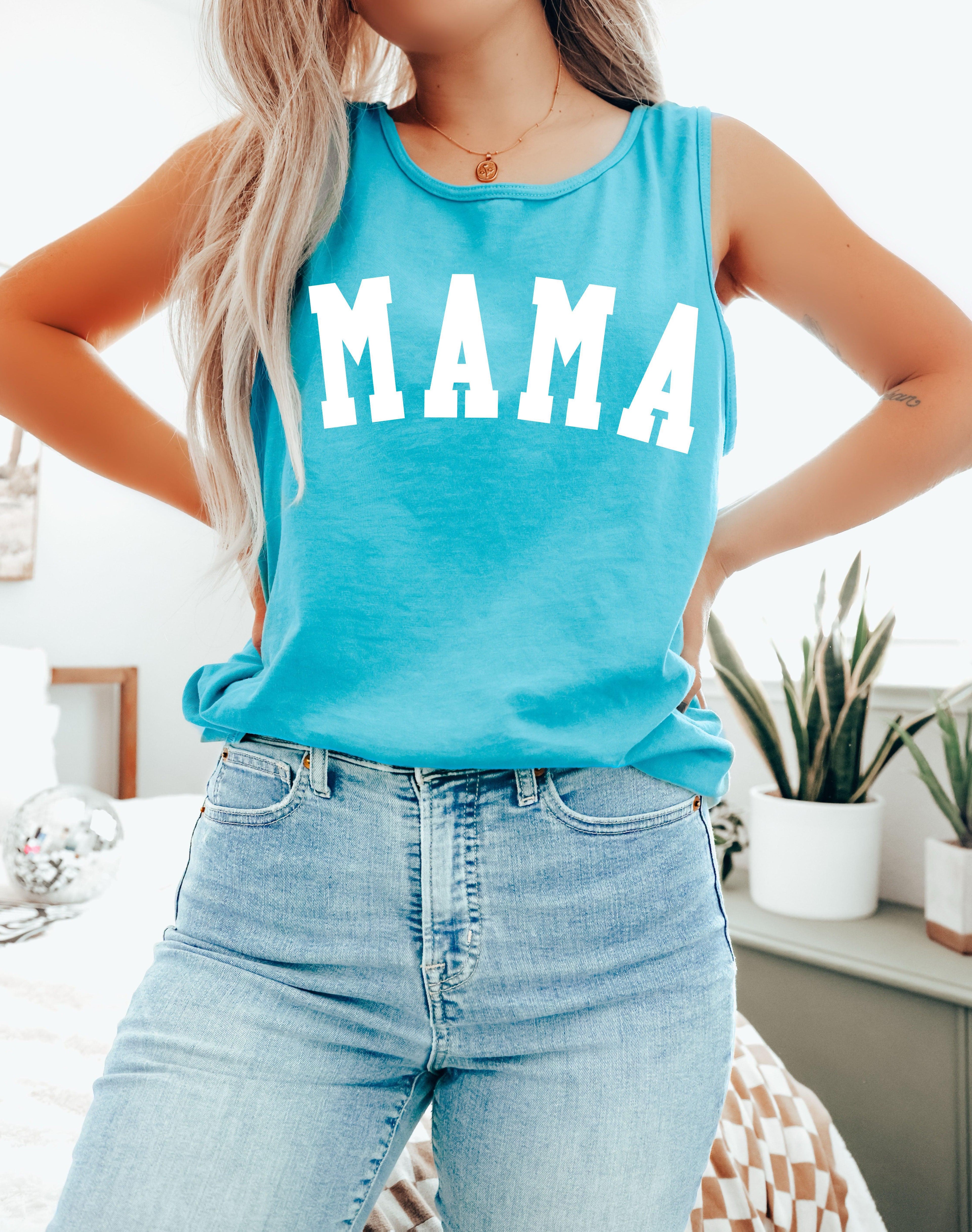 Mama Comfort Colors tank top, teal blue, condensed MAMA print, scoop neck