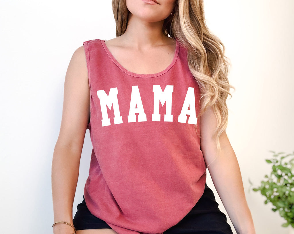 Mama Comfort Colors tank top, rust red, condensed MAMA print, scoop neck
