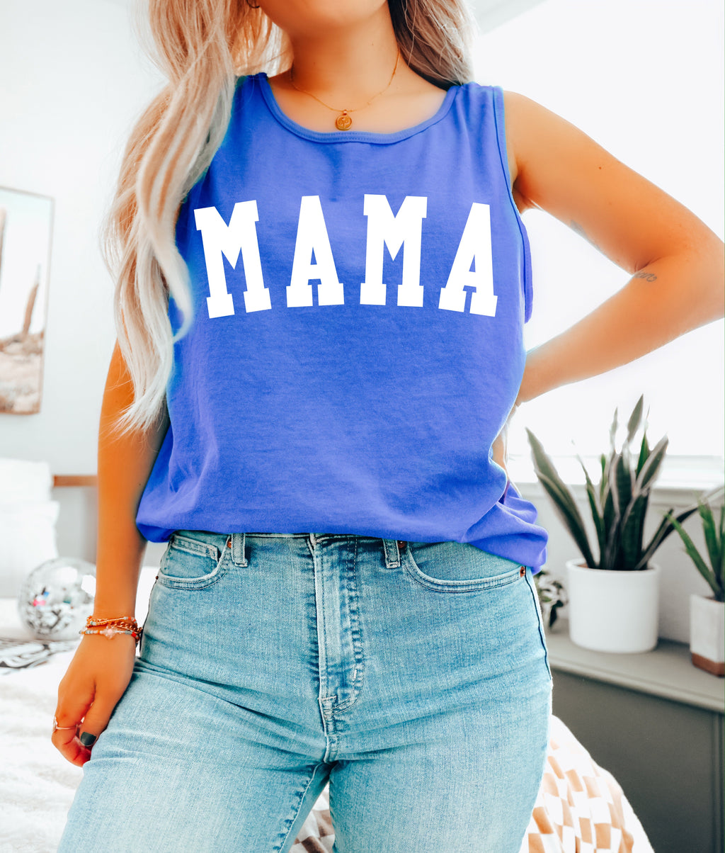 Mama Comfort Colors tank top, blue, condensed MAMA print, scoop neck