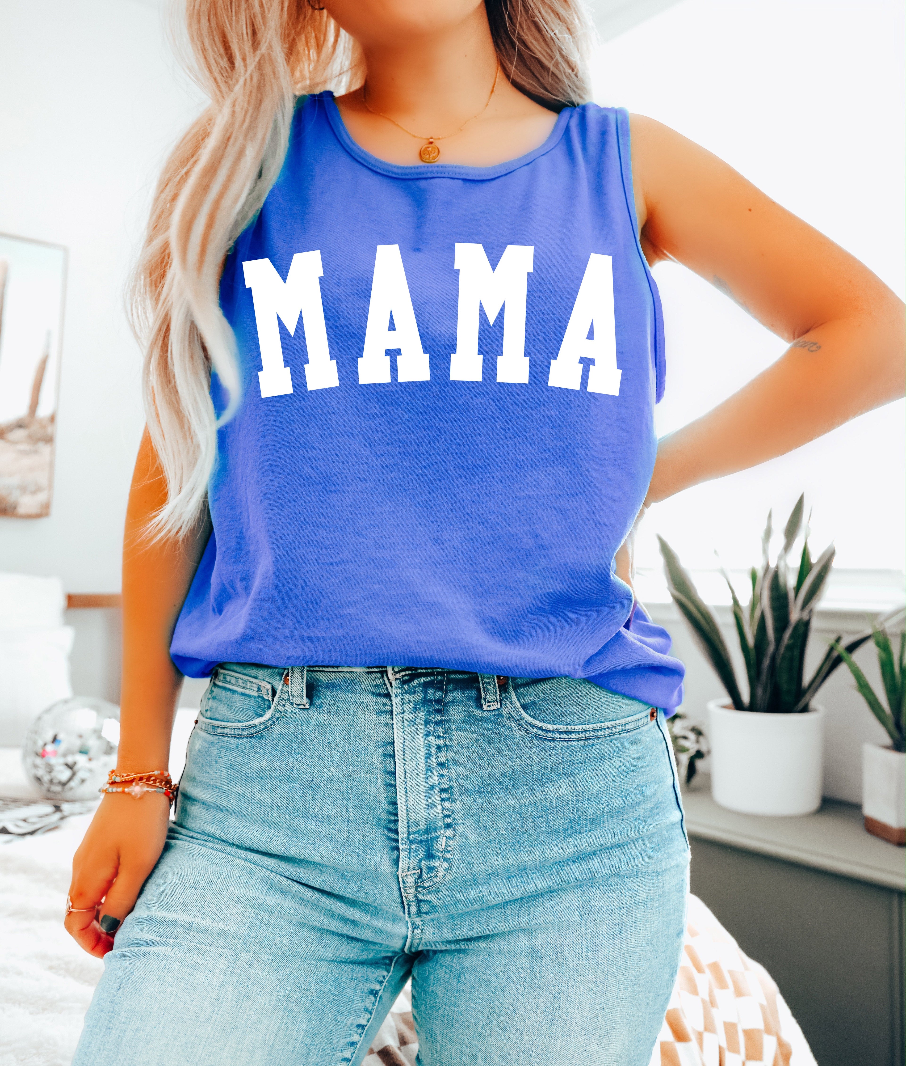 Mama Comfort Colors tank top, blue, condensed MAMA print, scoop neck