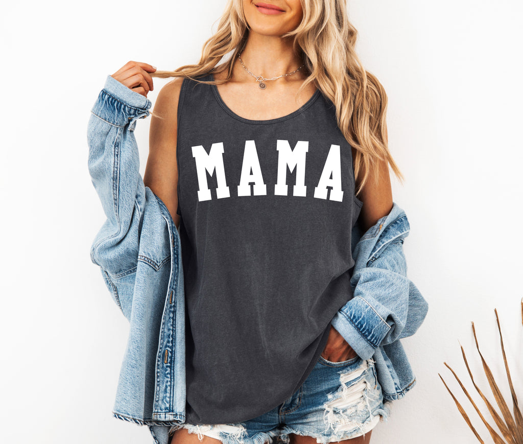 Mama Comfort Colors tank top, dark gray, condensed MAMA print, scoop neck