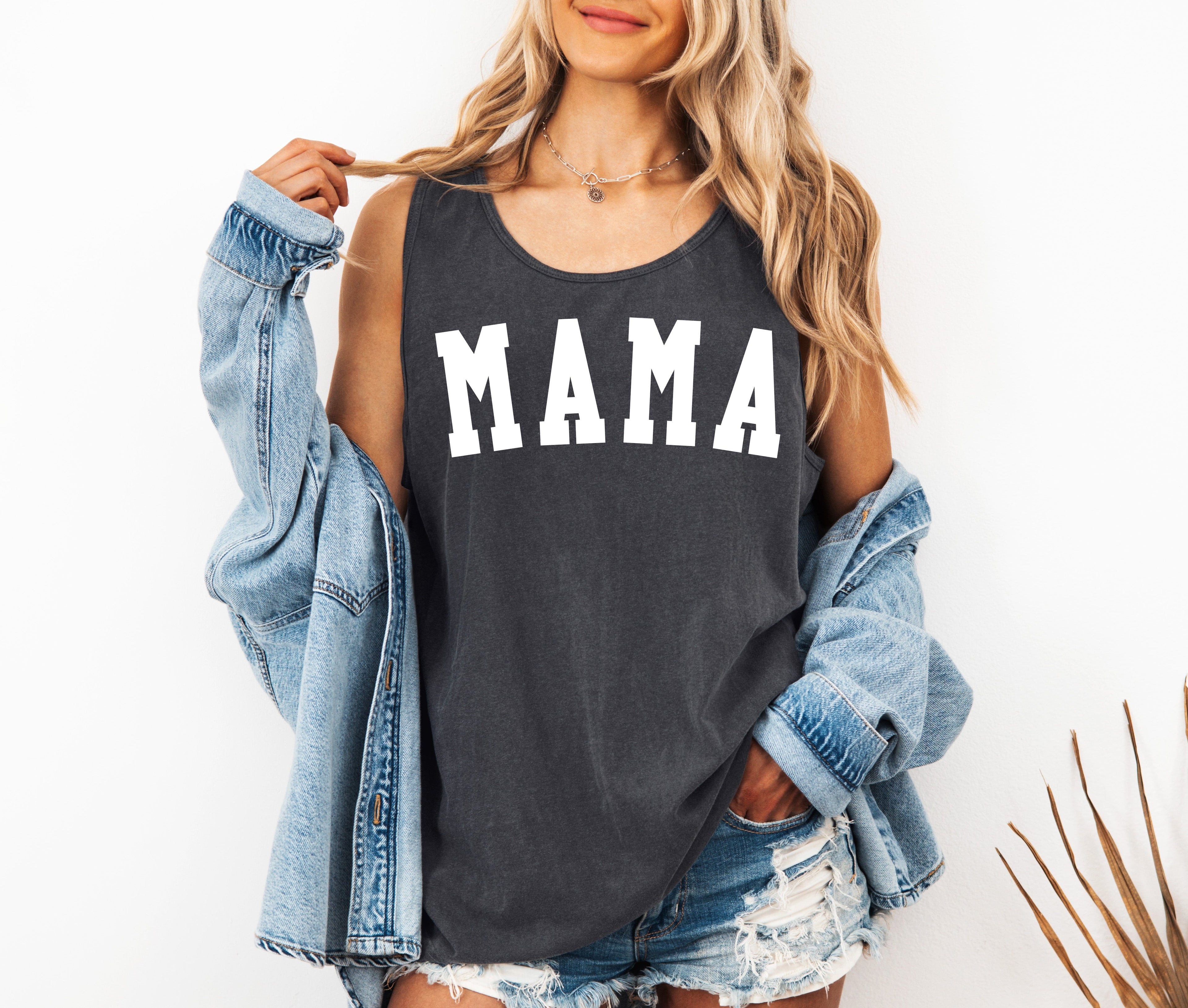 Mama Comfort Colors tank top, dark gray, condensed MAMA print, scoop neck