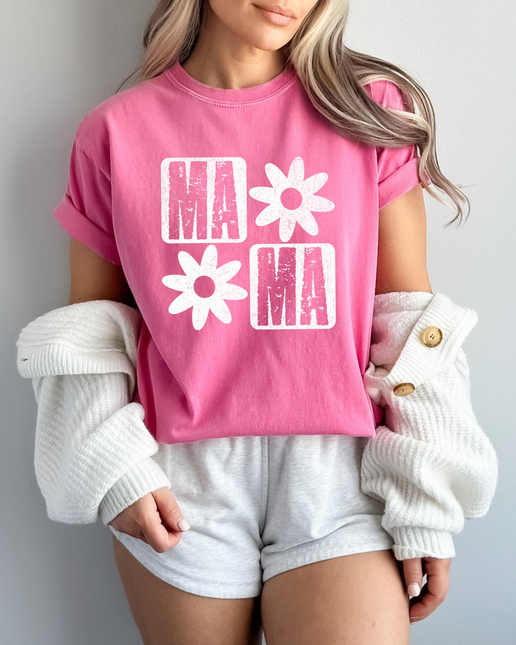 Pink garment-dyed t-shirt with white flower and MA graphic, crew neck