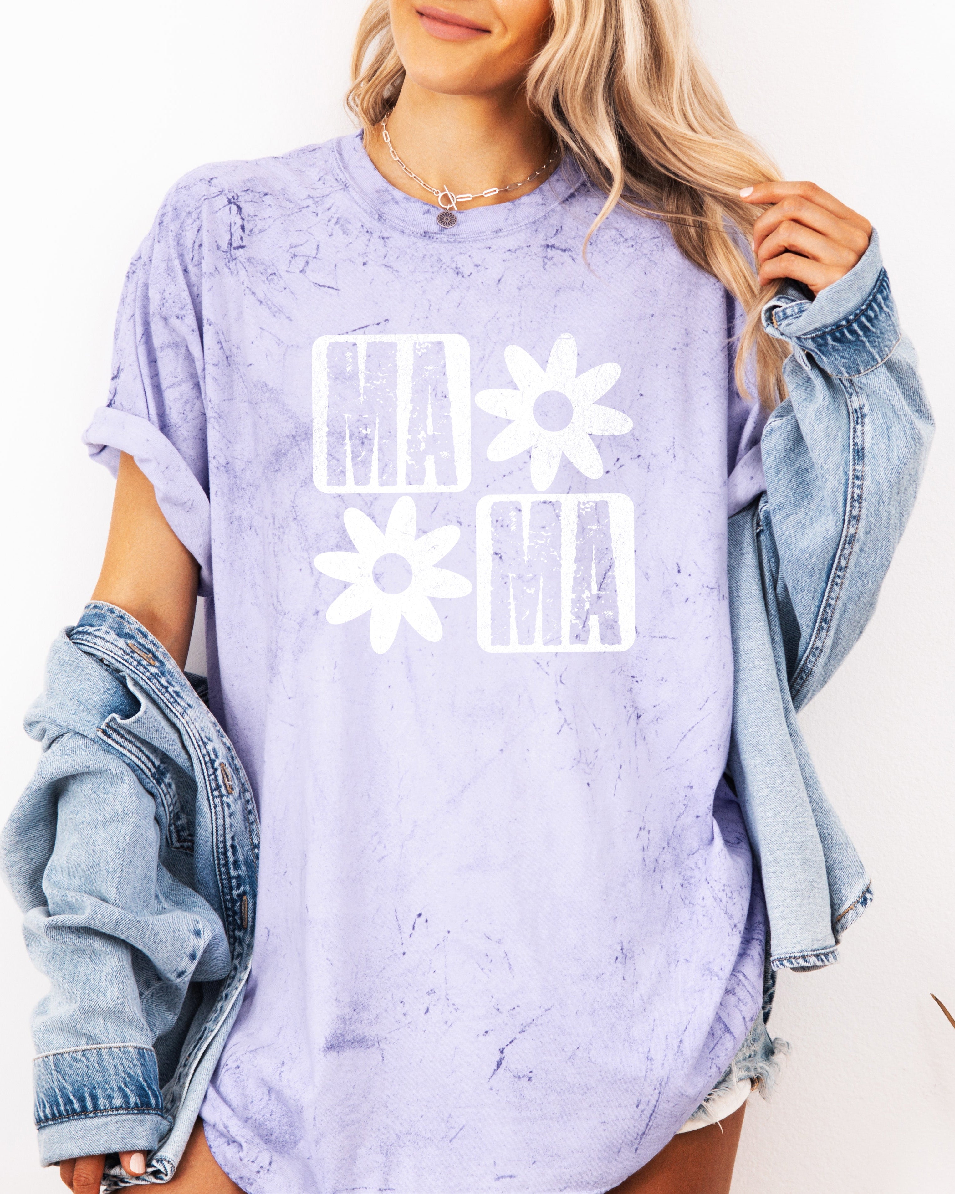 Lavender garment-dyed t-shirt with white flower and MA graphic, crew neck