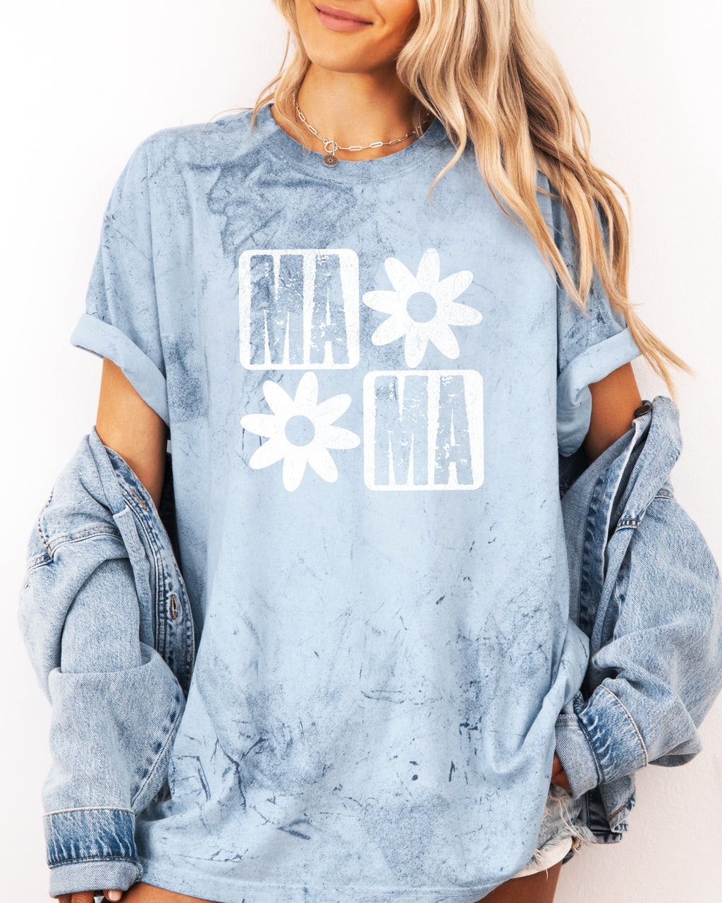 Light blue garment-dyed t-shirt with white flower and MA graphic, crew neck