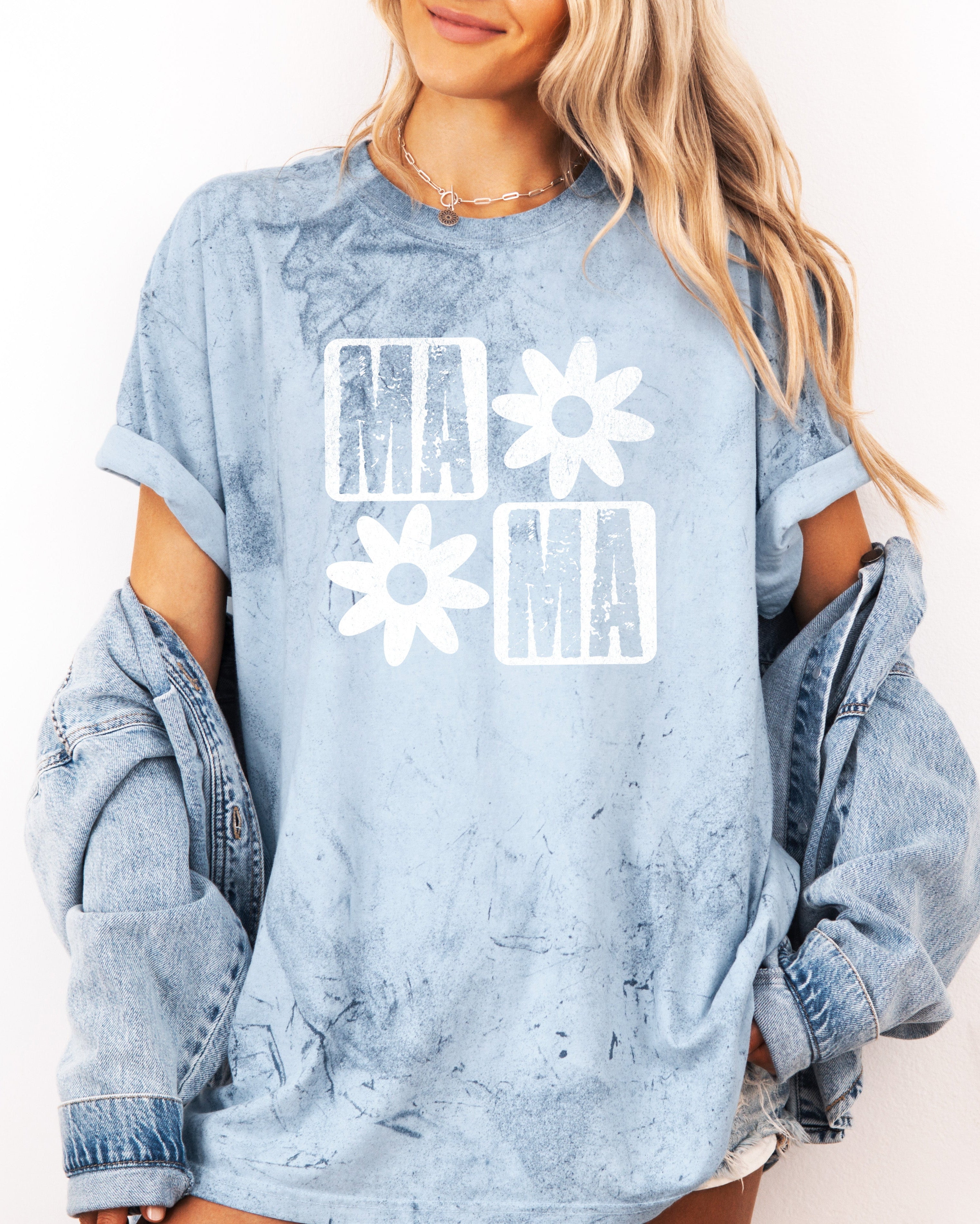 Light blue garment-dyed t-shirt with white flower and MA graphic, crew neck