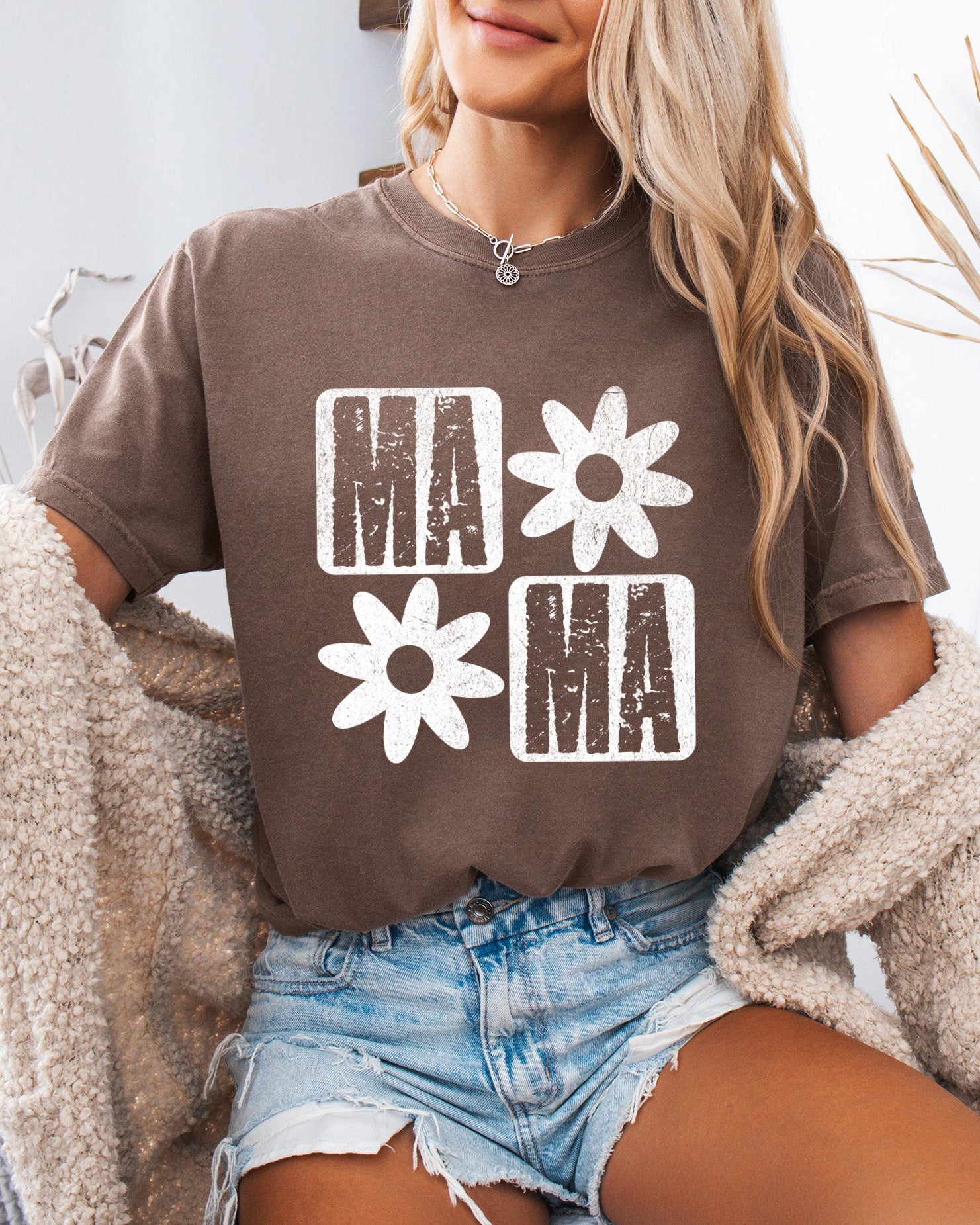 Brown garment-dyed t-shirt with white flower and MA graphic, crew neck