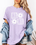 Lavender short-sleeve T-shirt with white "MA" and flower graphic front