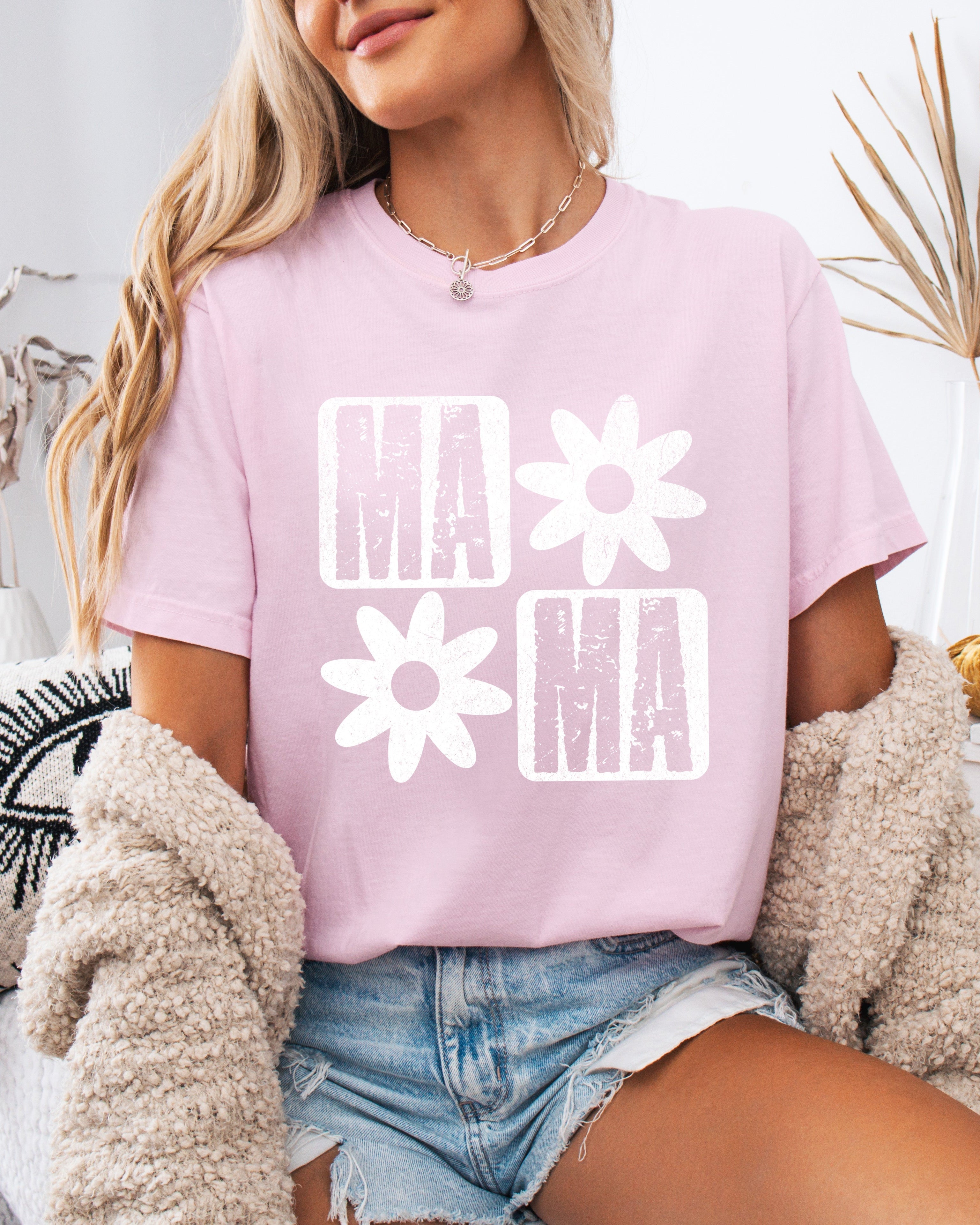 Light pink short-sleeve T-shirt with white "MA" and flower graphic front