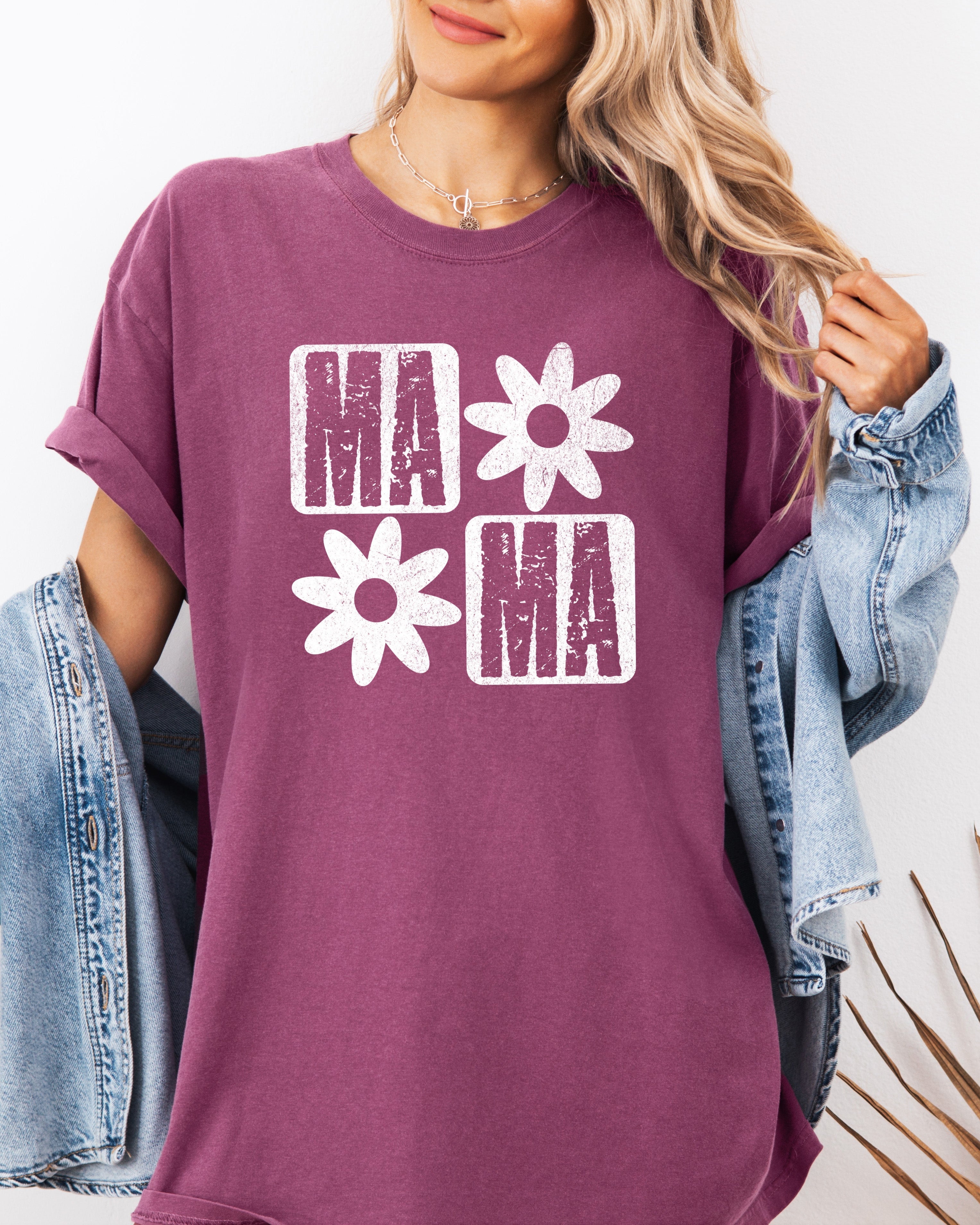 Berry purple short-sleeve T-shirt with distressed "MA" and flower graphic