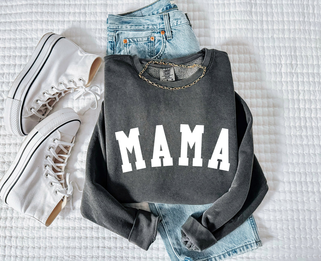 Dark gray unisex crewneck sweatshirt with large front print reading "MAMA"