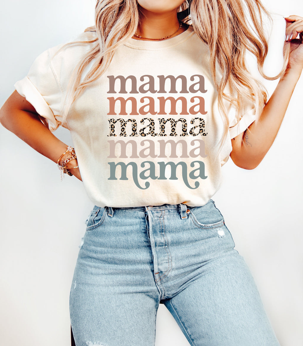Ivory Mama graphic T-shirt with stacked “mama” text and leopard print stripe