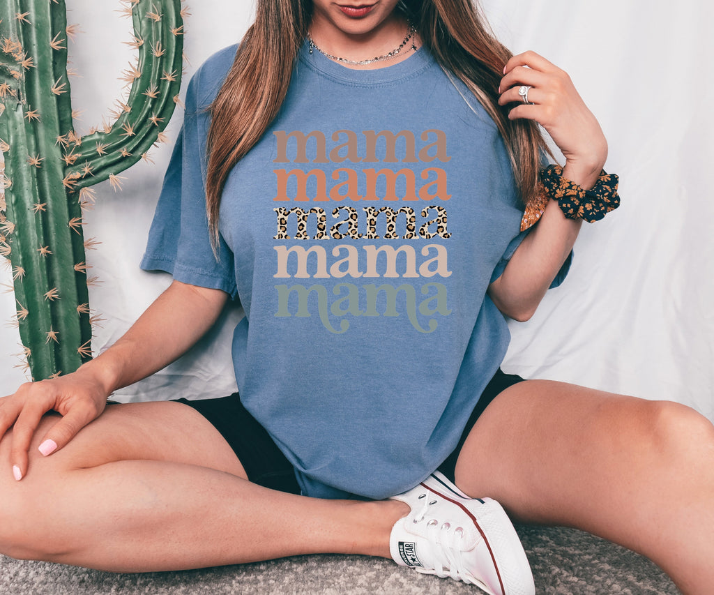 Blue Mama graphic T-shirt with stacked “mama” lettering and leopard print stripe