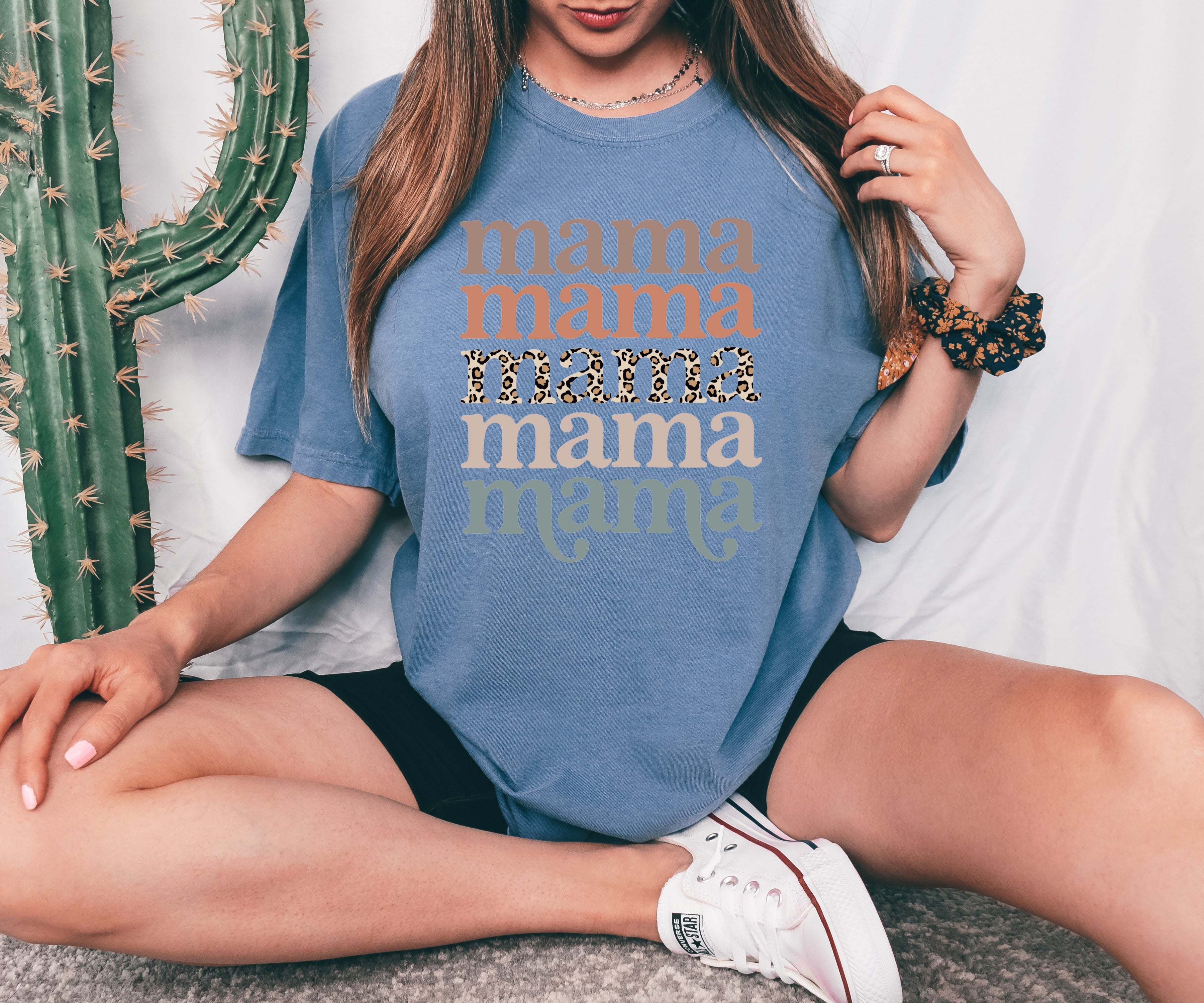 Blue Mama graphic T-shirt with stacked “mama” lettering and leopard print stripe