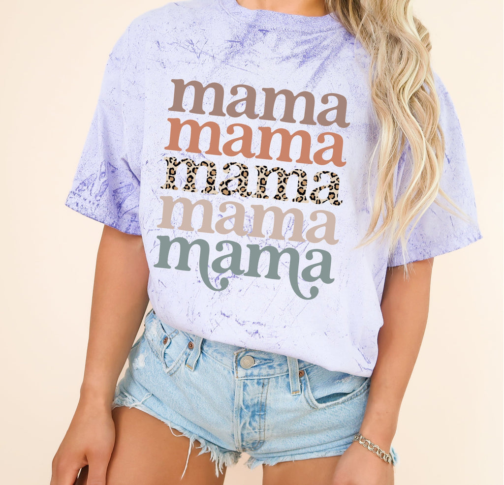 Light purple Mama graphic T-shirt with stacked “mama” text and leopard print stripe