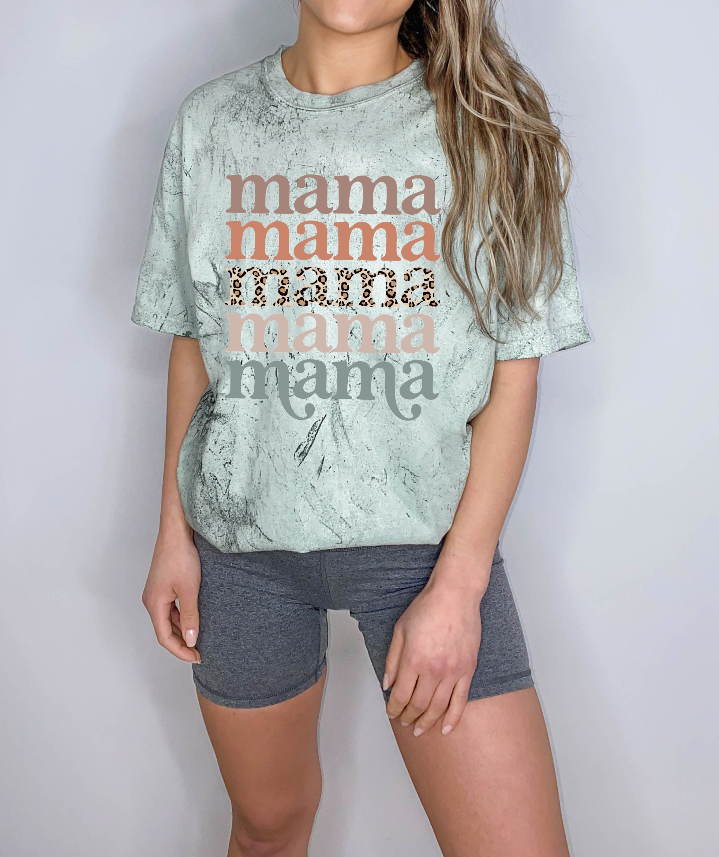 Sage green Mama graphic T-shirt with stacked “mama” lettering and leopard print stripe