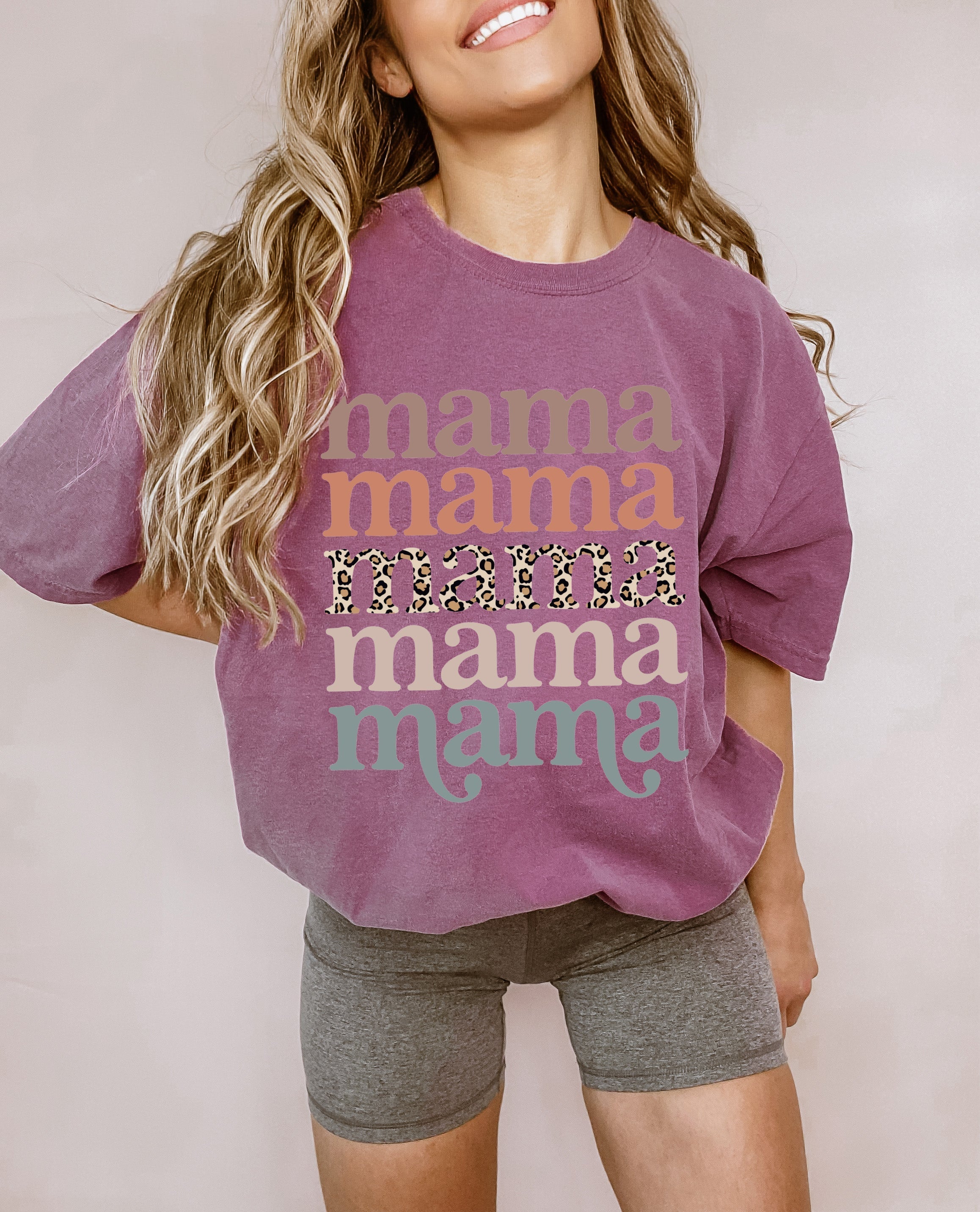 Mauve Mama graphic T-shirt with stacked “mama” text and leopard print stripe