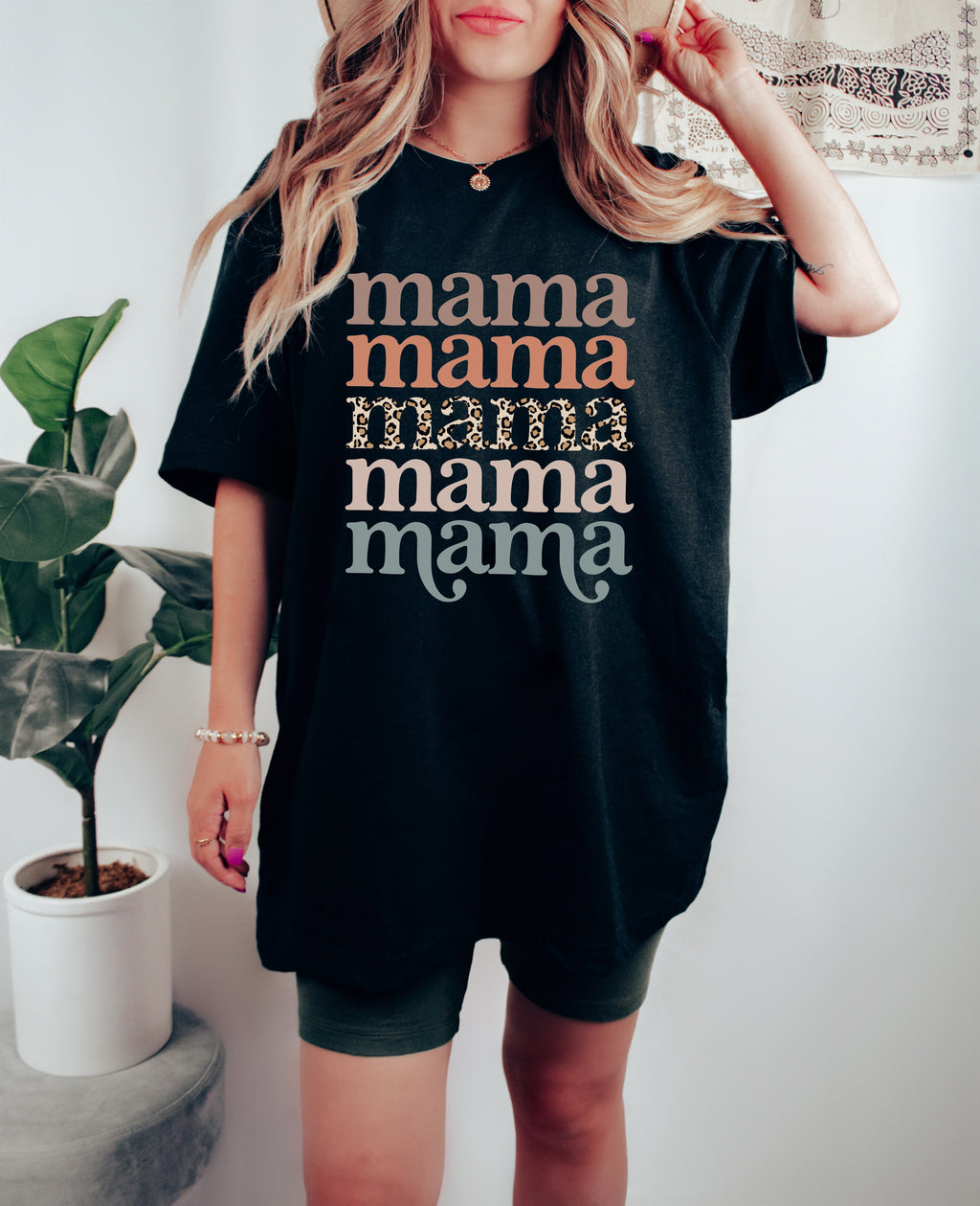 Black Mama graphic T-shirt with stacked “mama” lettering and leopard print stripe