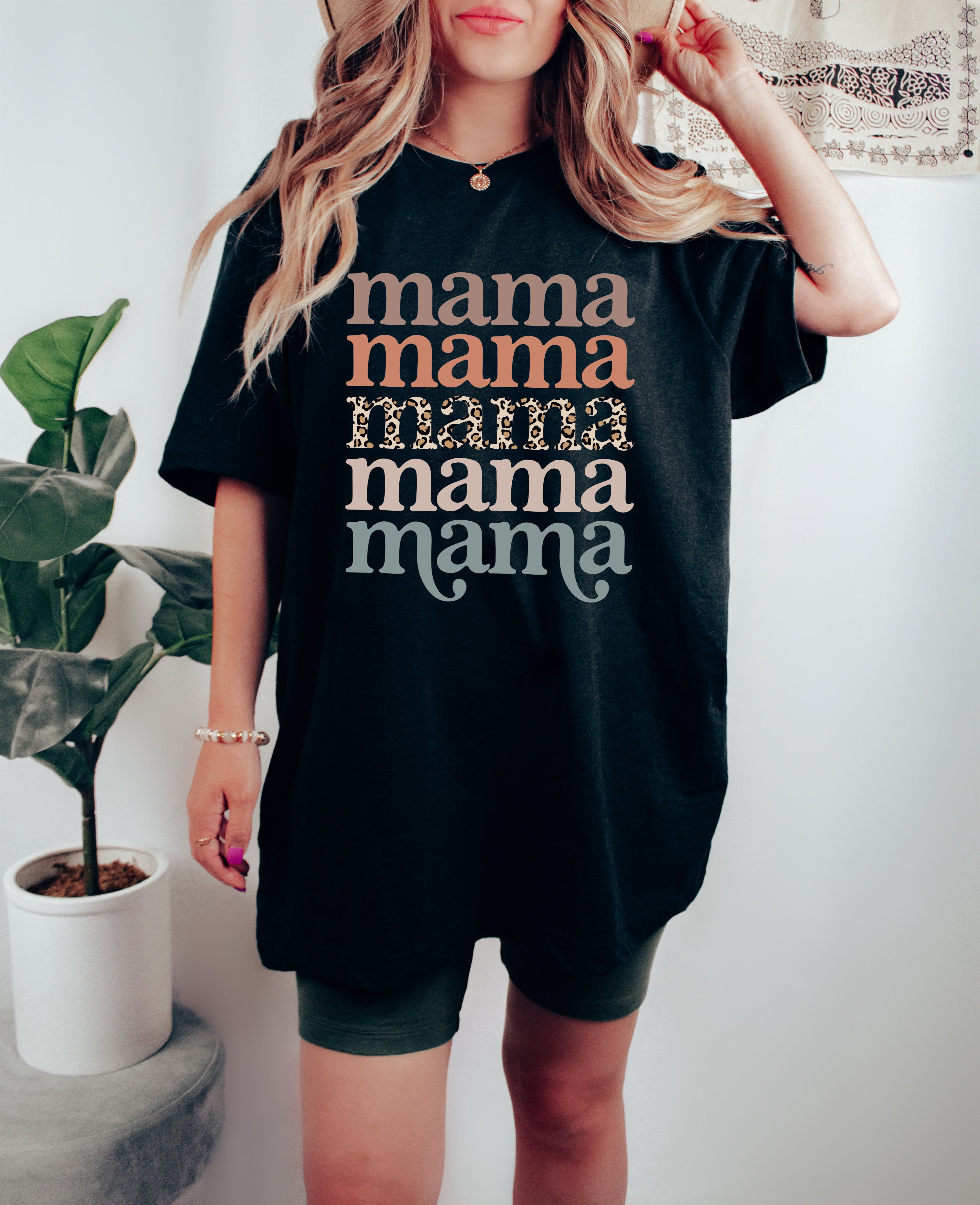 Black Mama graphic T-shirt with stacked “mama” lettering and leopard print stripe
