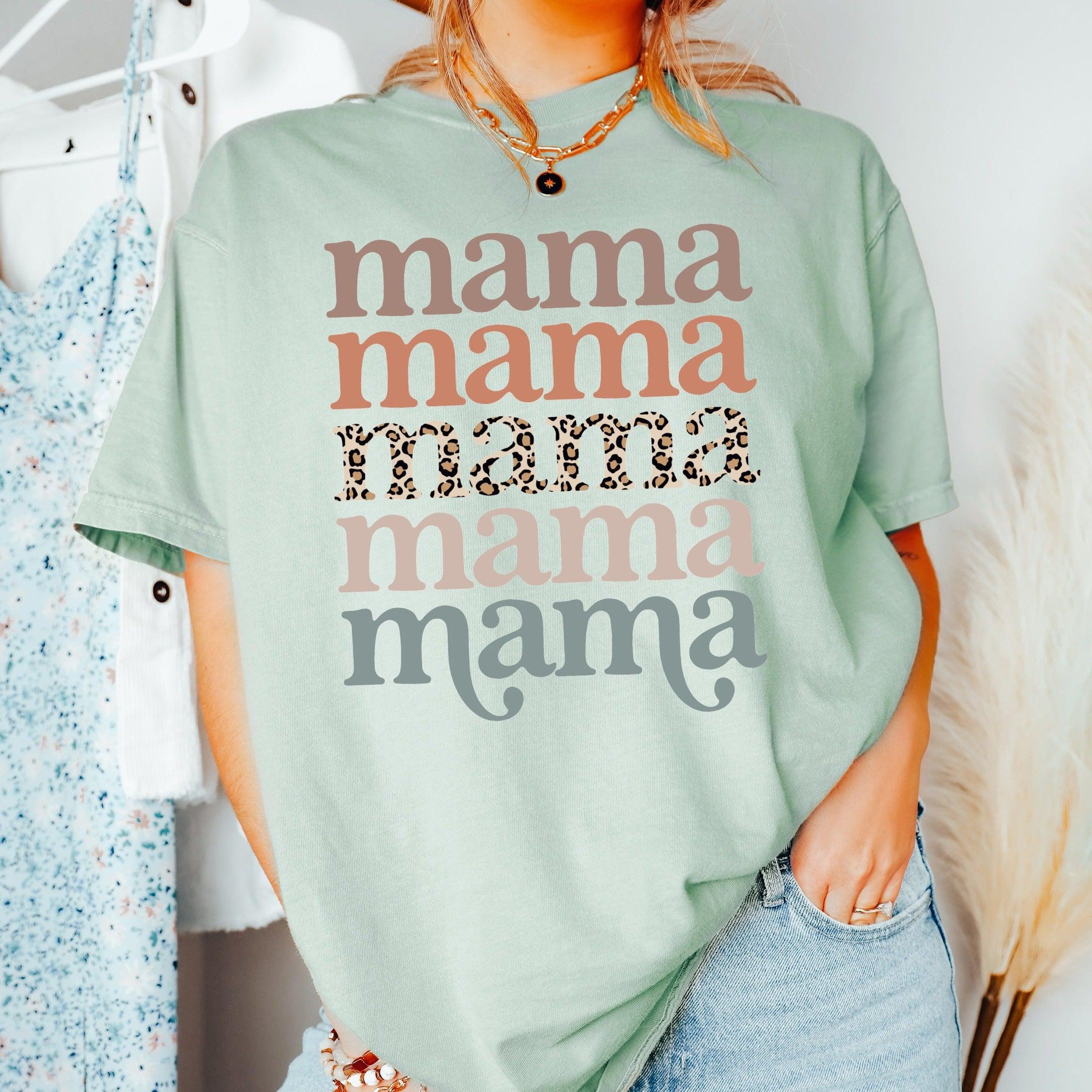 Leopard graphic mama T-shirt, mint green short-sleeve tee with front text design