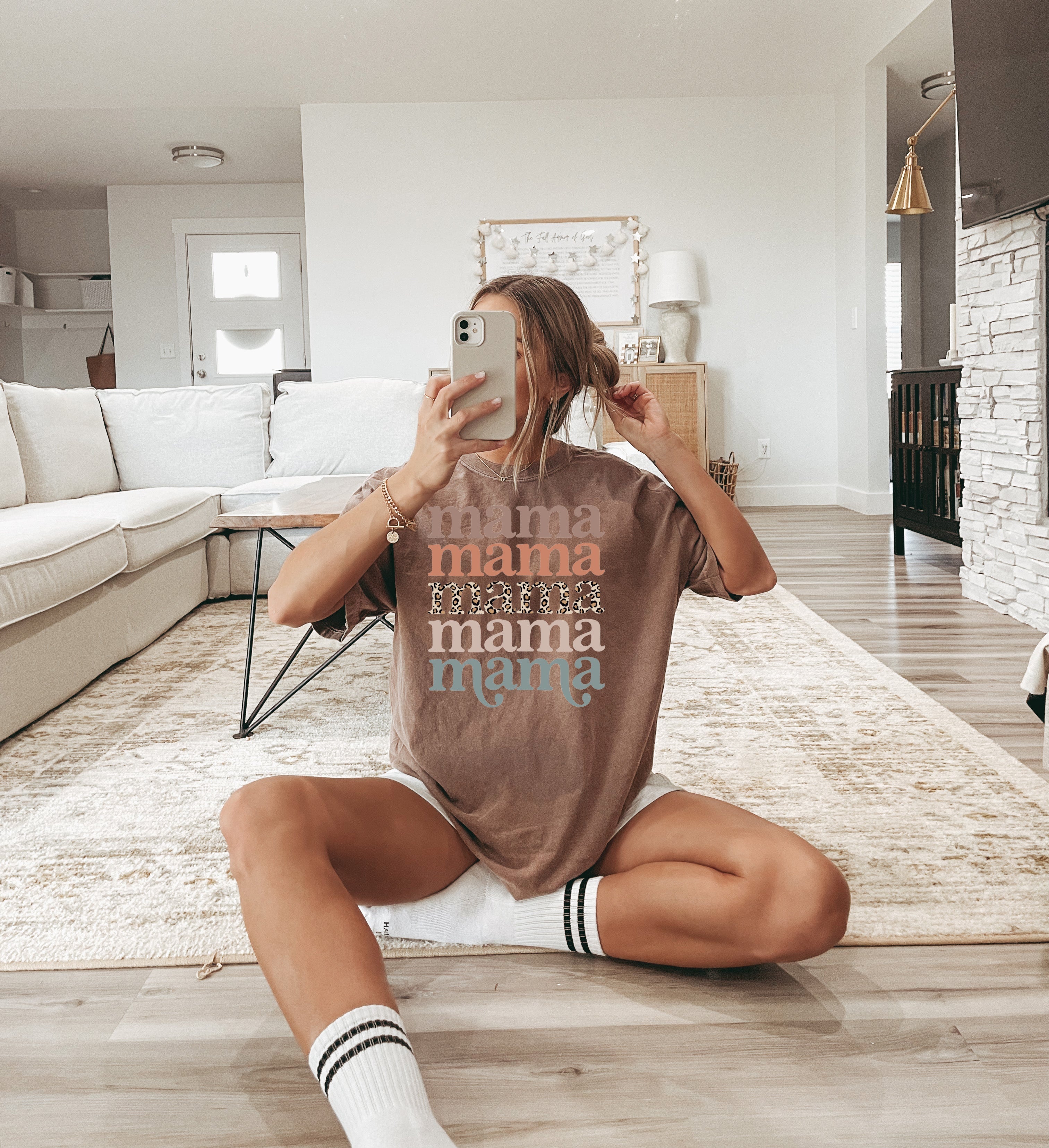 Leopard graphic mama T-shirt, taupe short-sleeve tee with front text design