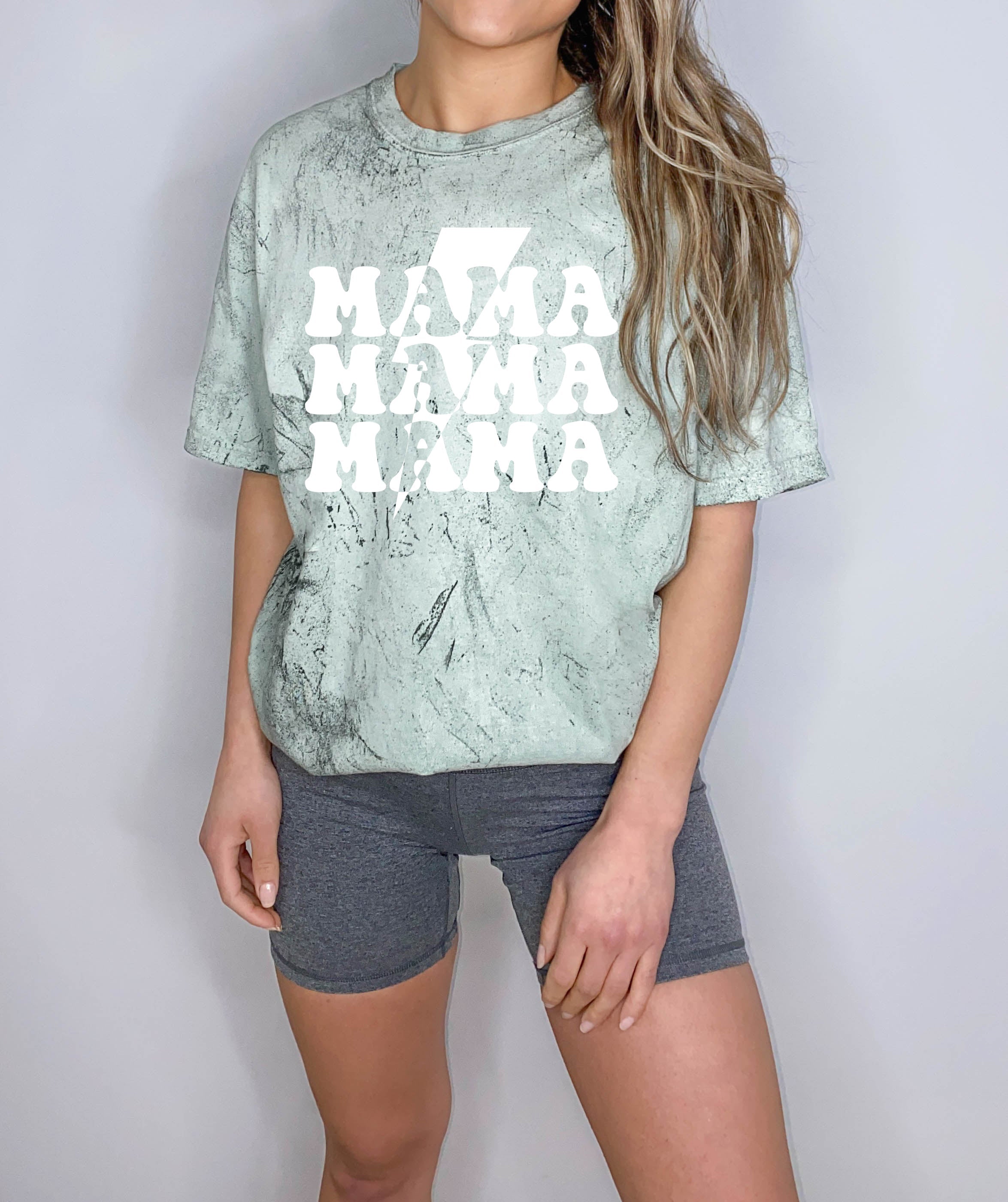 Sage green unisex T-shirt with distressed white 'MAMA' graphic on front.