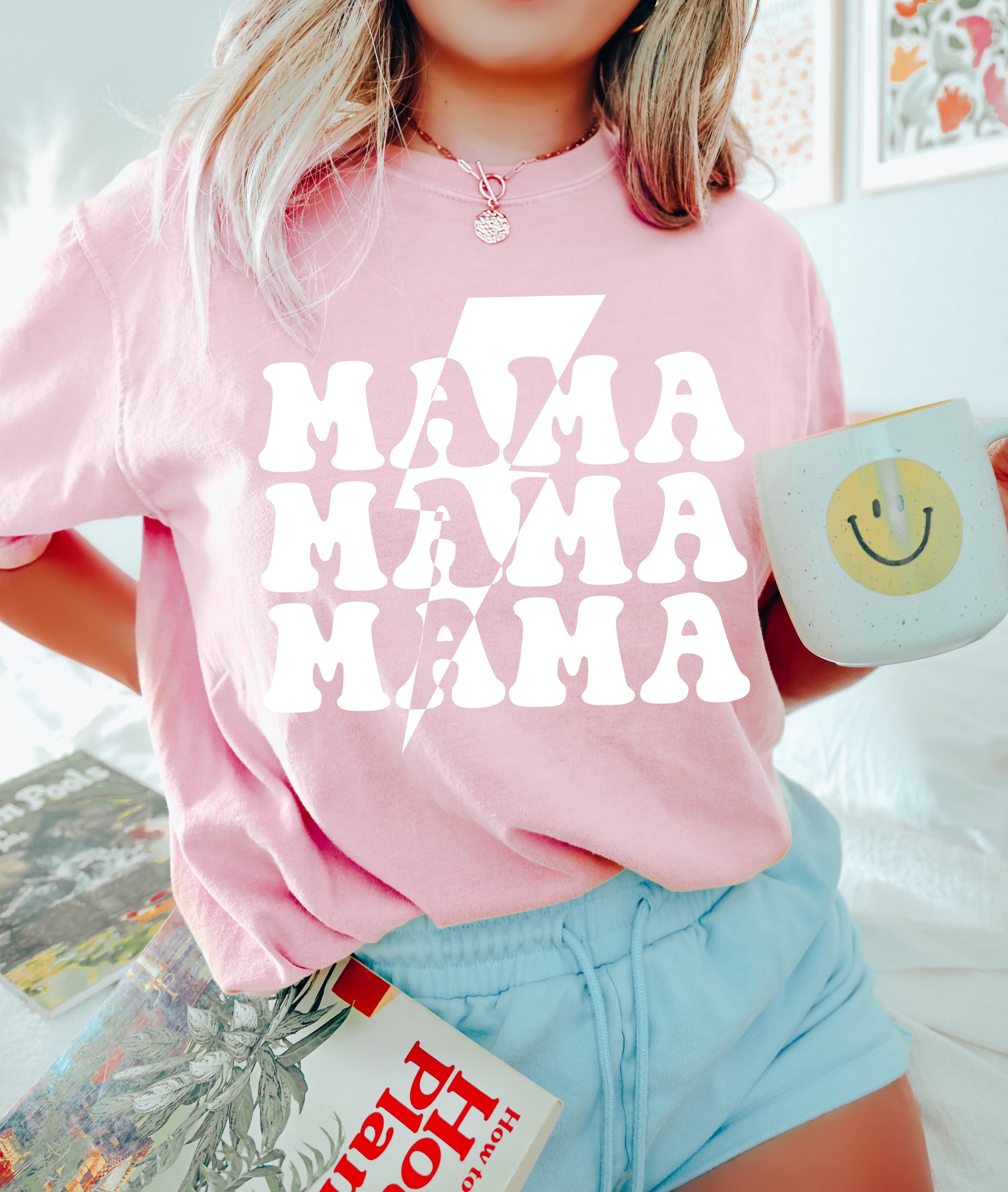 Pink unisex T-shirt with distressed white 'MAMA' graphic on front.