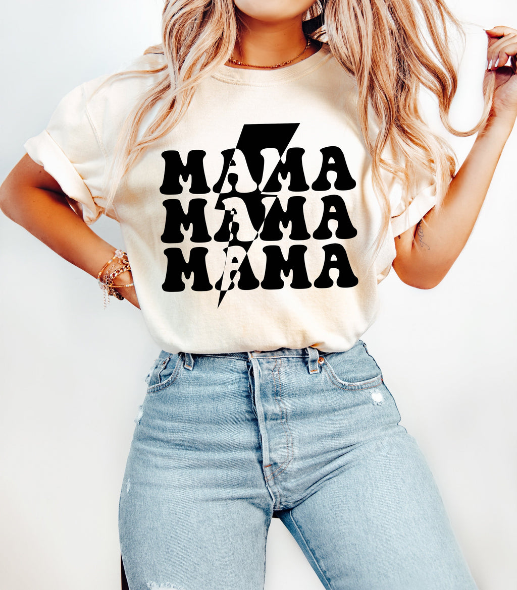 Ivory unisex T-shirt with black 'MAMA' graphic on the front.