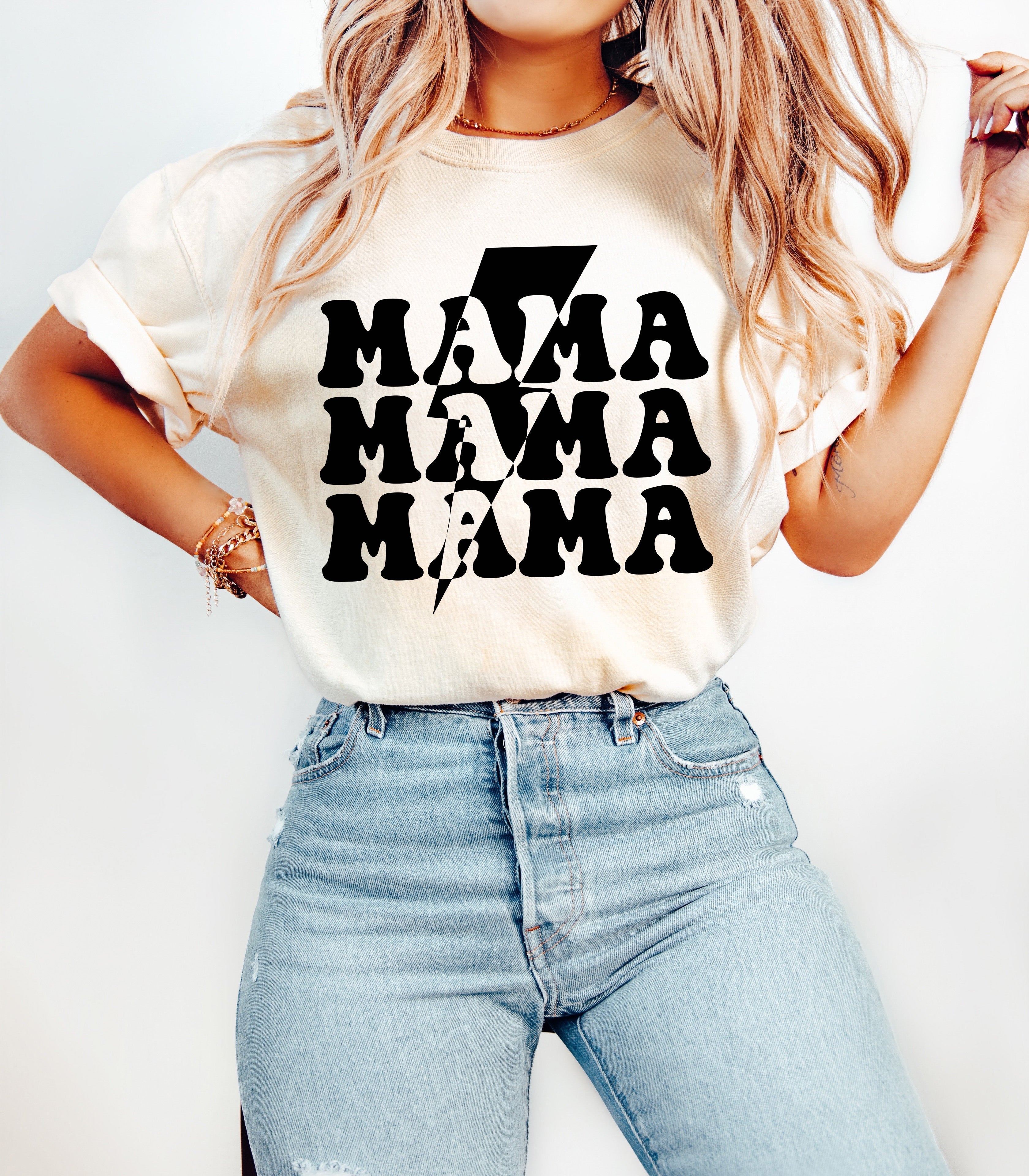 Ivory unisex T-shirt with black 'MAMA' graphic on the front.
