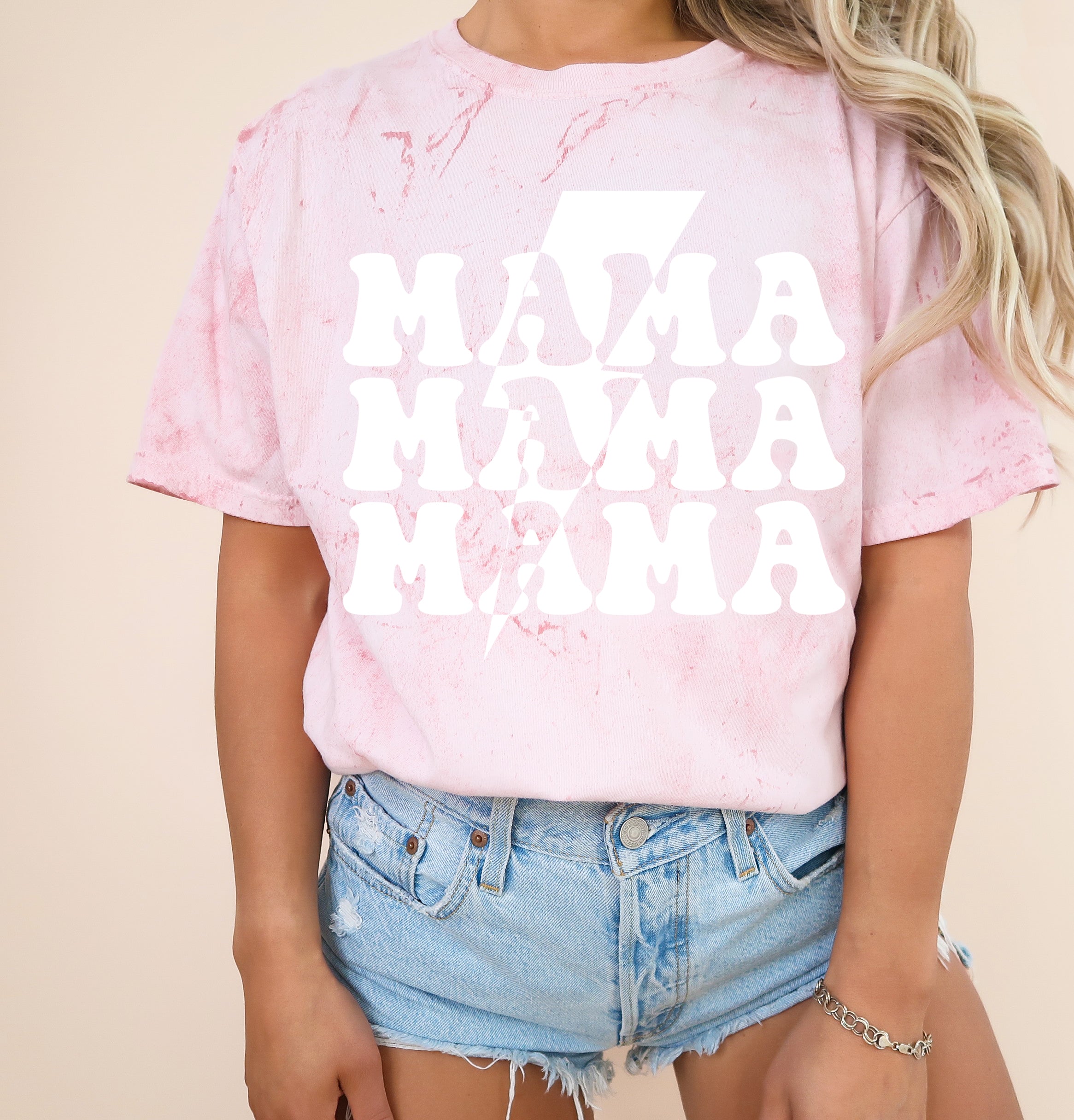 Pink unisex T-shirt with distressed white 'MAMA' graphic on front.