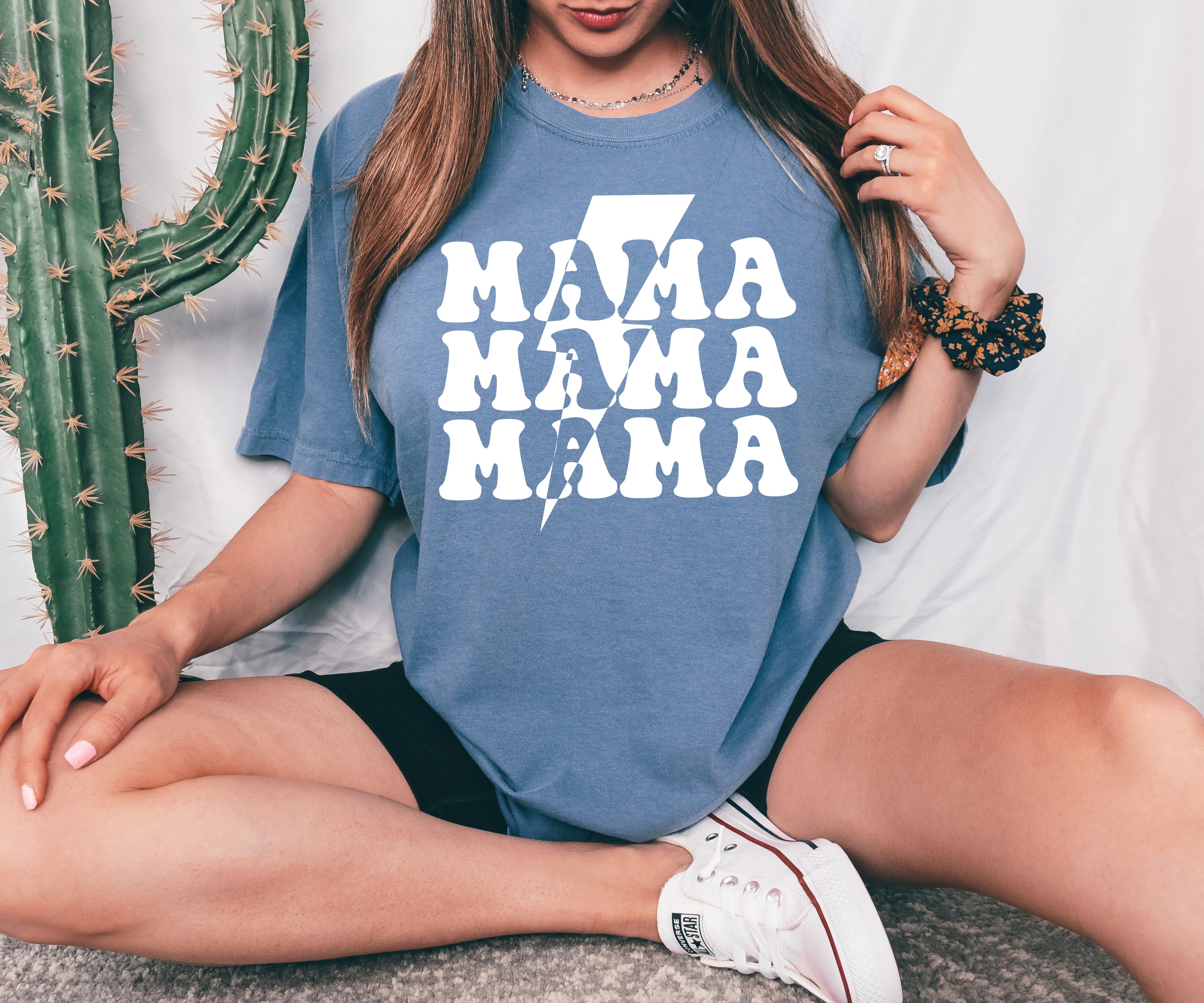 Mama T-shirt, blue with white 'MAMA' graphic