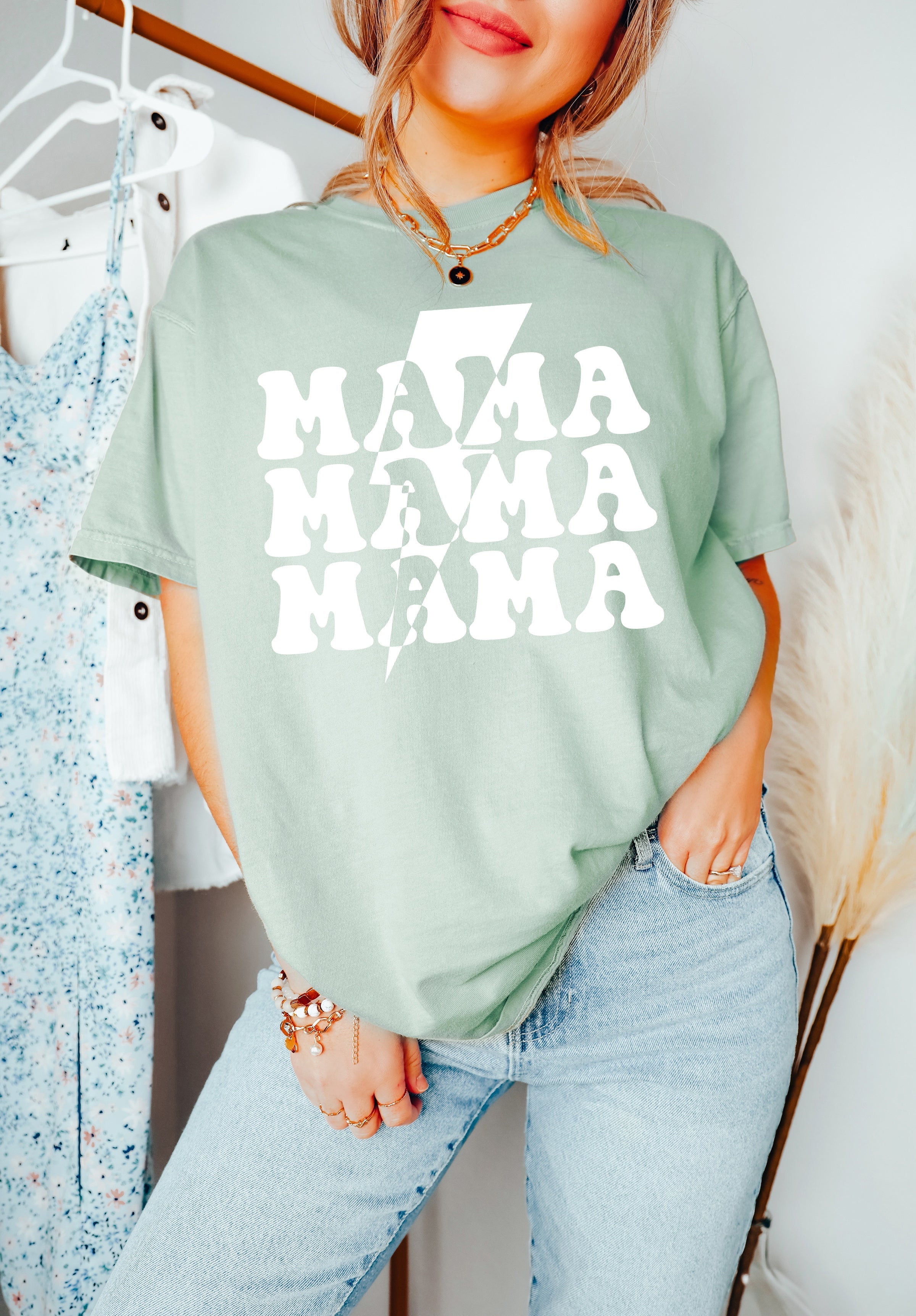 Mama T-shirt, mint green with white 'MAMA' graphic