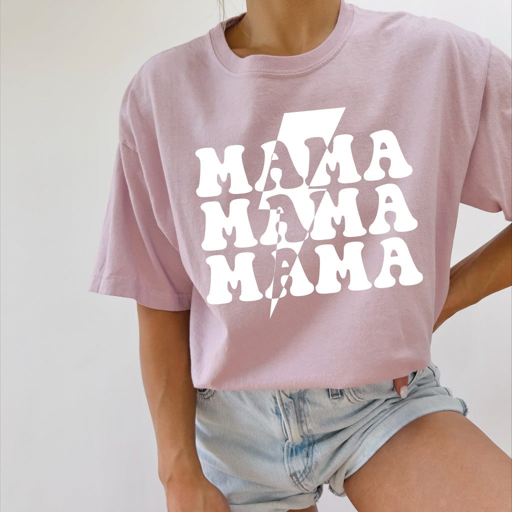 Mama T-shirt, lavender with white 'MAMA' graphic