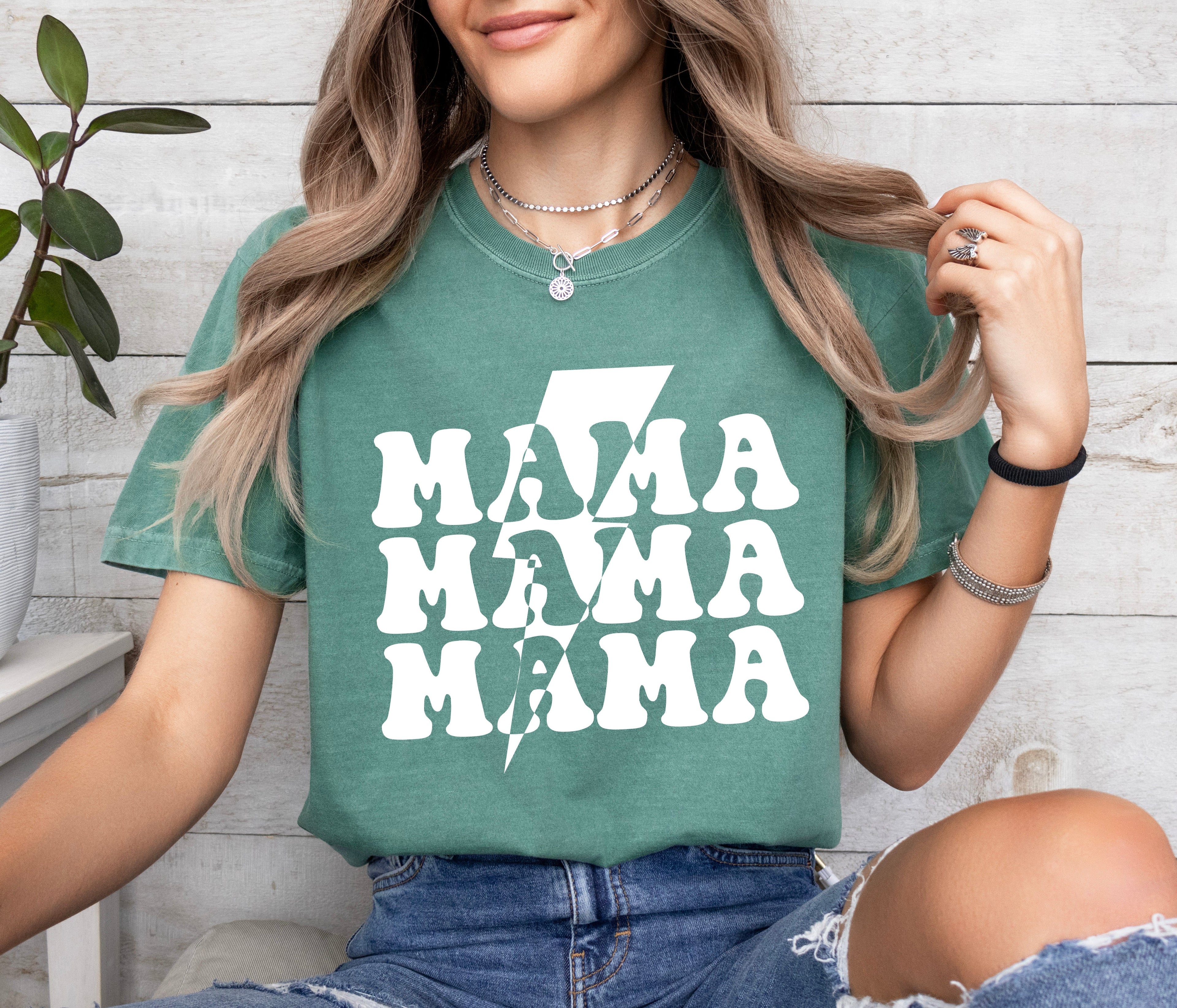 Mama T-shirt, teal green with white 'MAMA' graphic