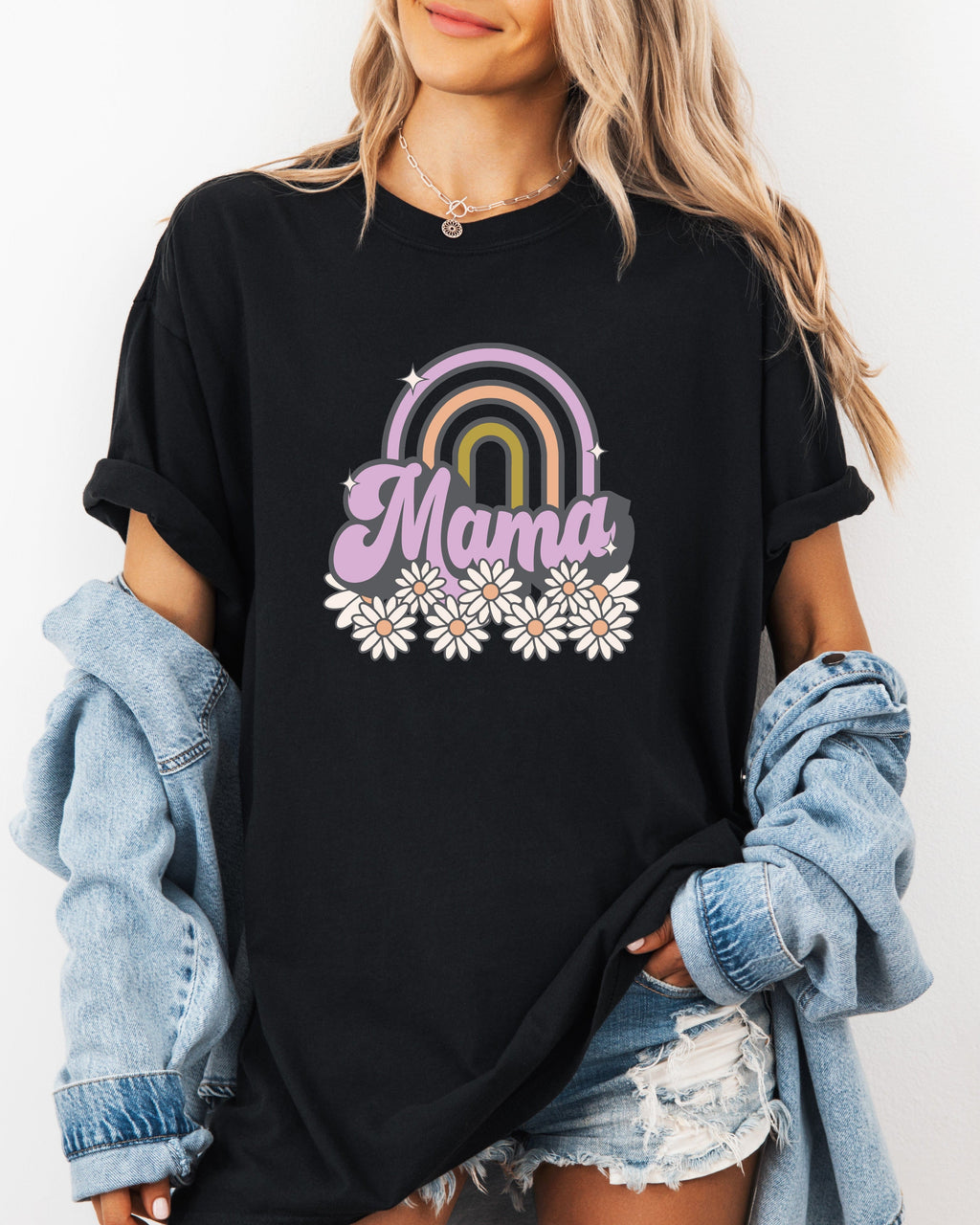 Unisex graphic T-shirt, black, short sleeves with rainbow Mama design