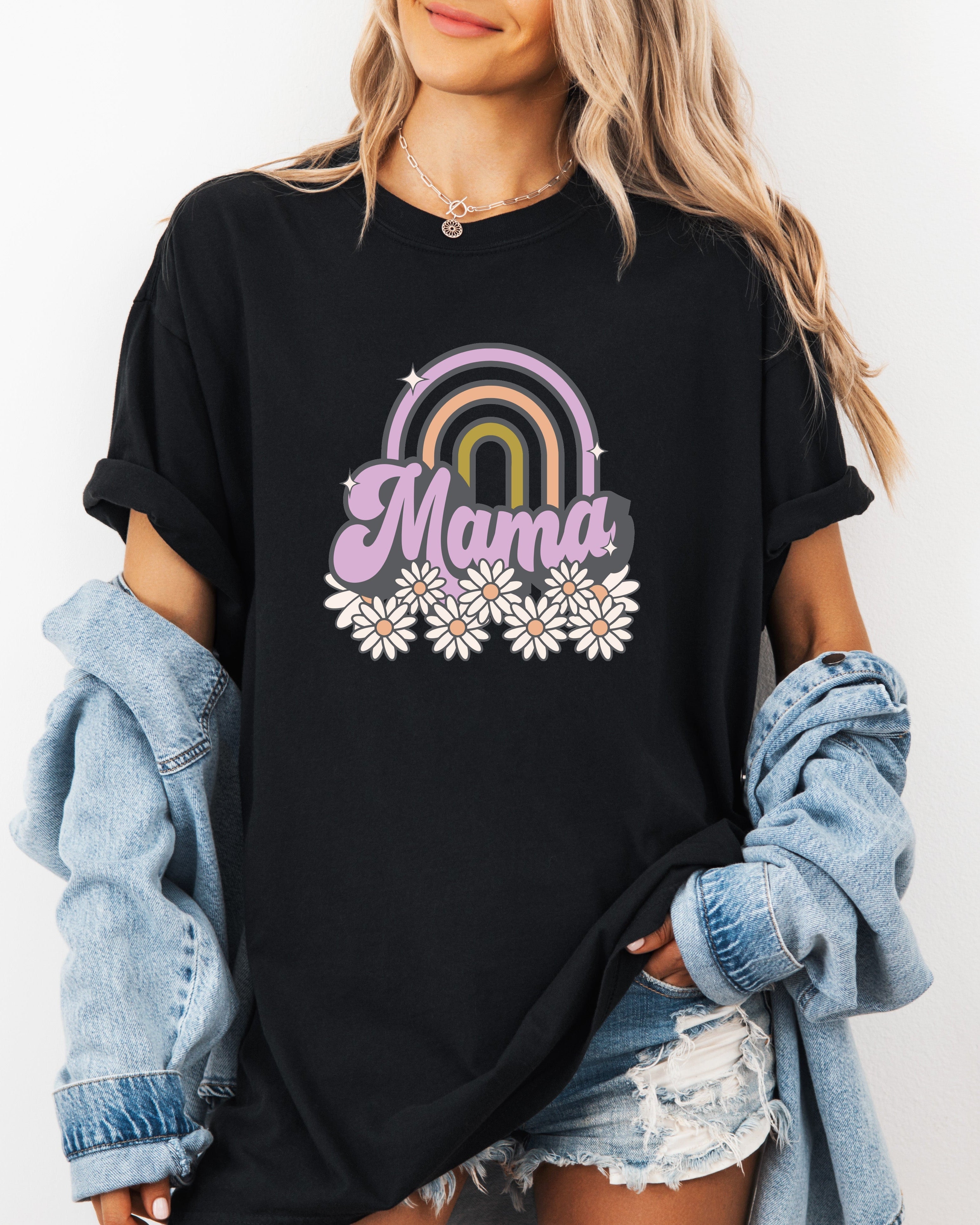 Unisex graphic T-shirt, black, short sleeves with rainbow Mama design