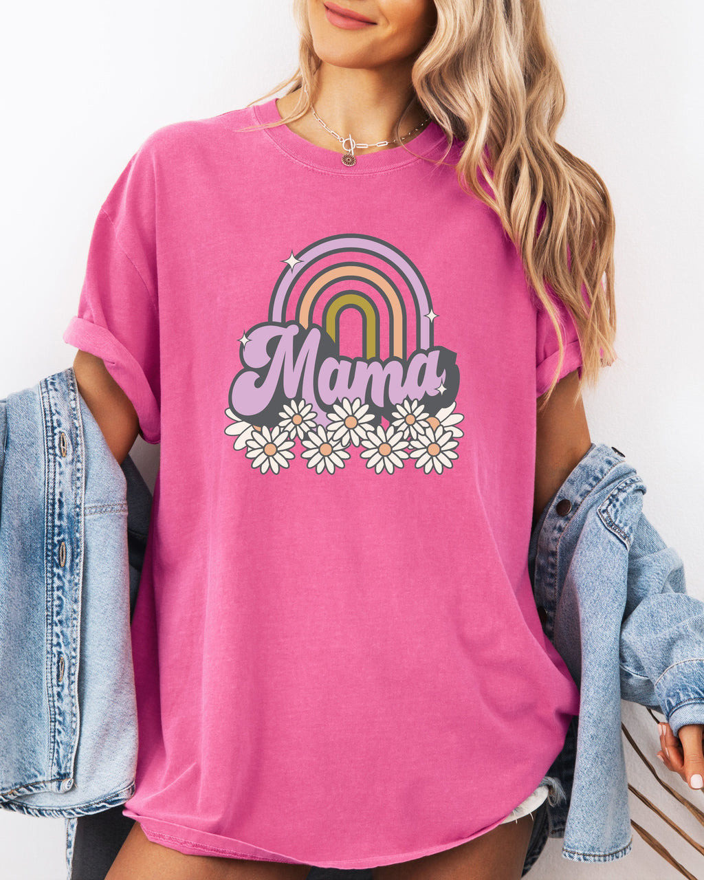 Unisex graphic T-shirt, bright pink, short sleeves with rainbow Mama design