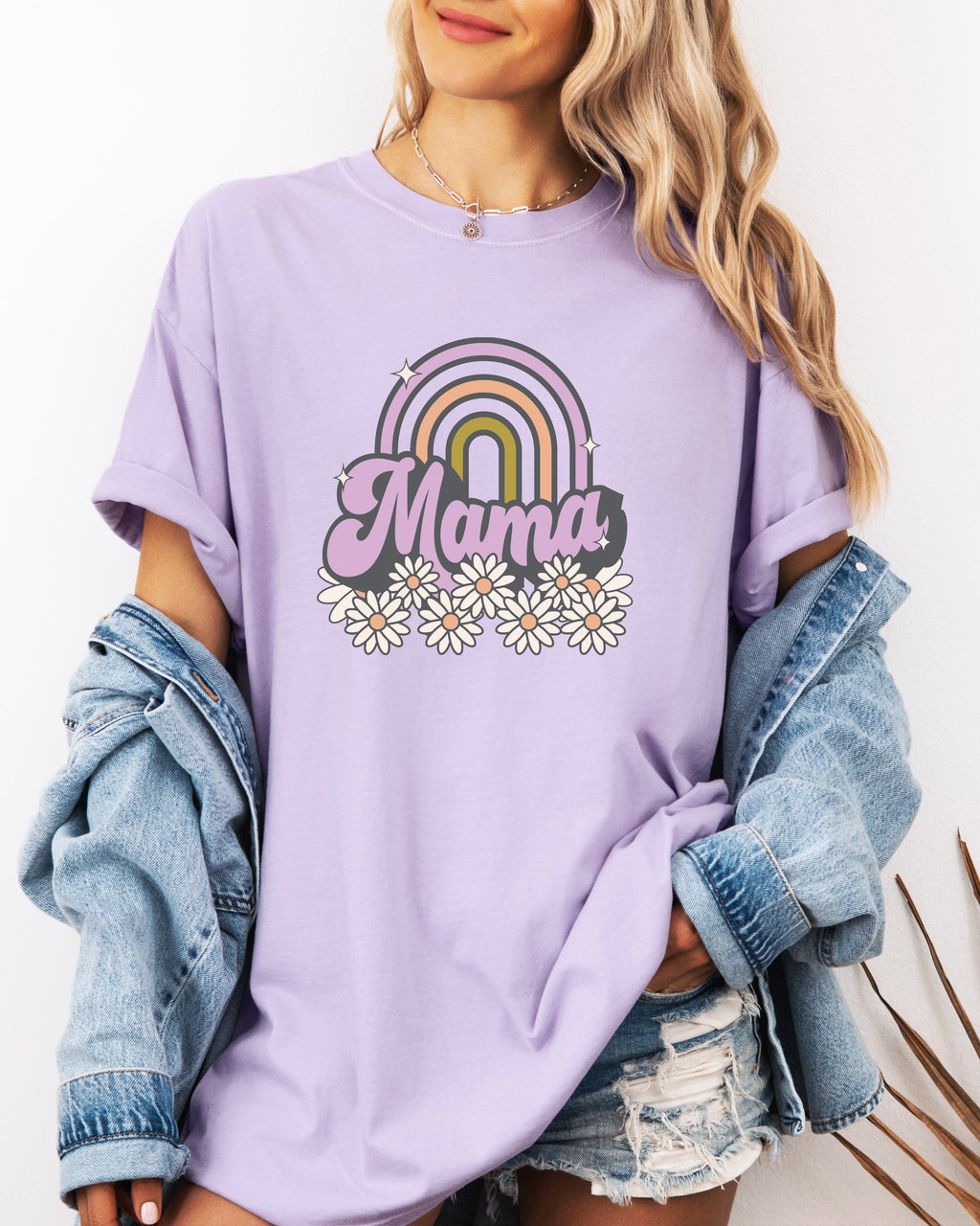 Lavender Mama rainbow graphic comfort t-shirt with white daisy flowers on front