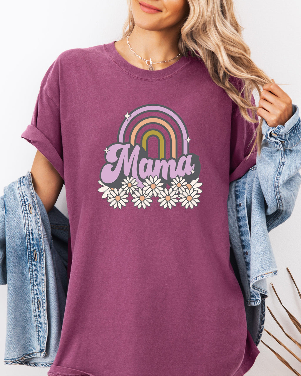 Purple Mama rainbow graphic comfort t-shirt with daisy flowers on front