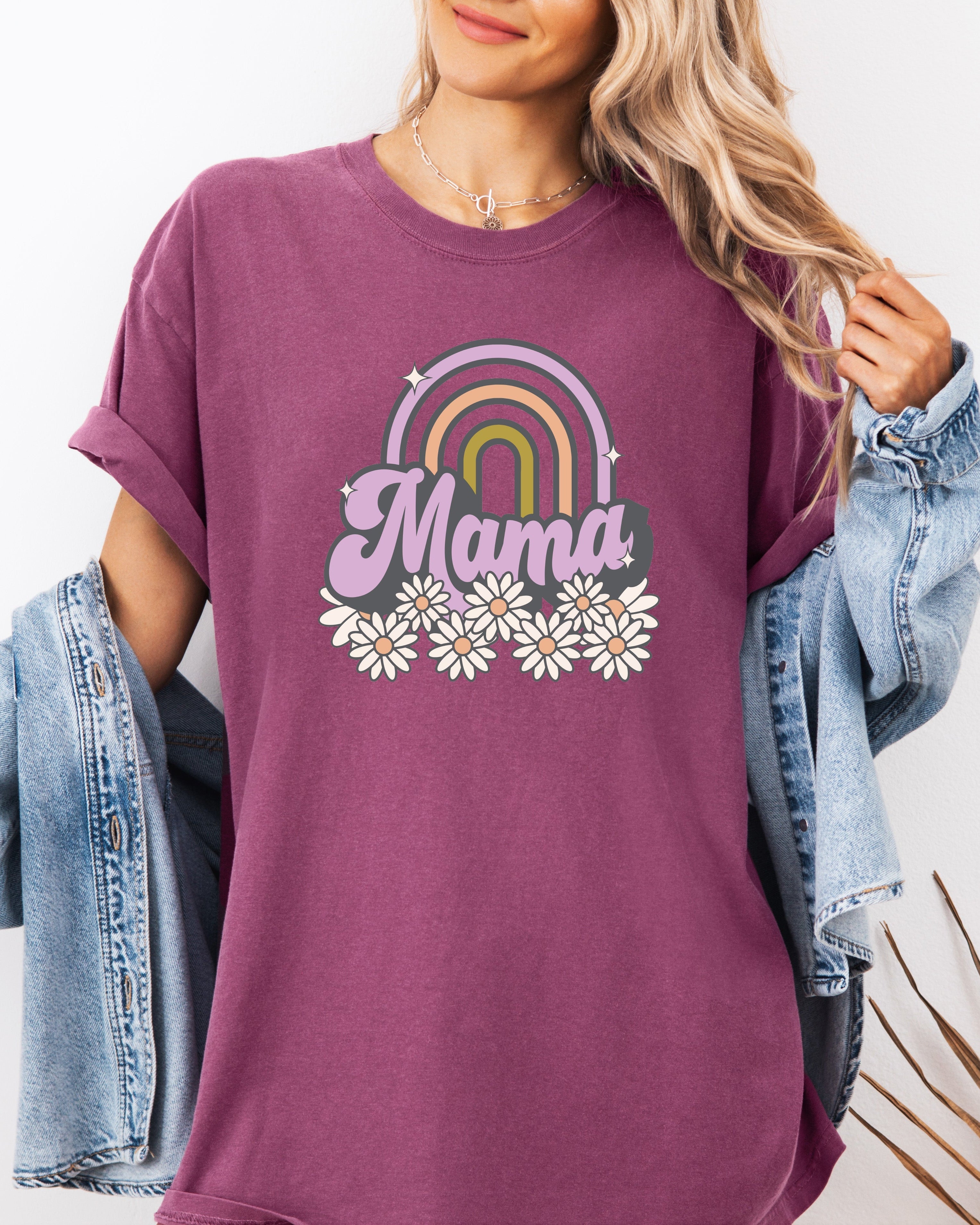 Purple Mama rainbow graphic comfort t-shirt with daisy flowers on front