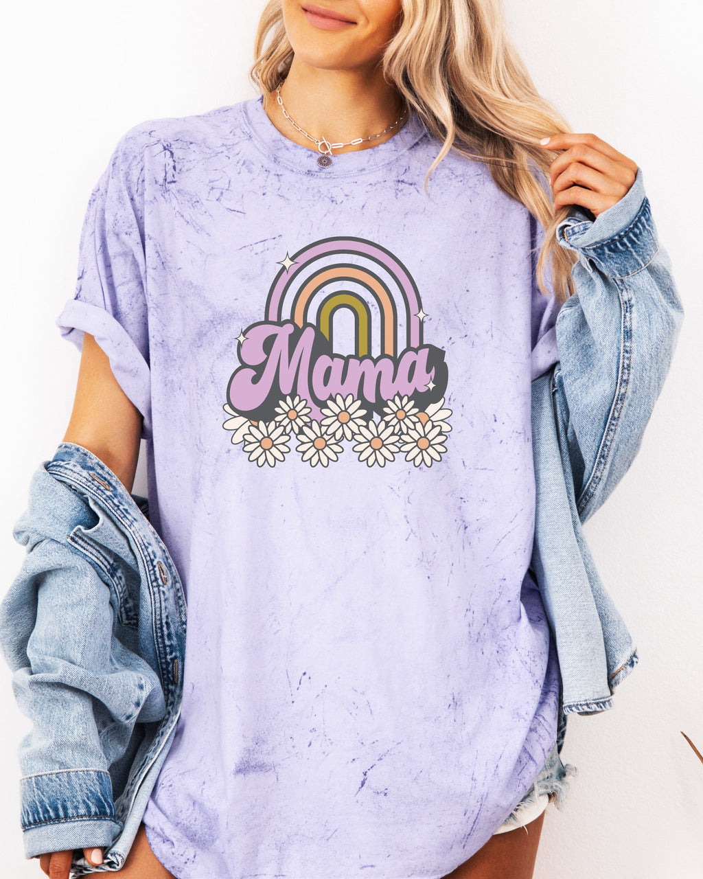 Light lavender Mama rainbow graphic comfort t-shirt with floral daisy outline