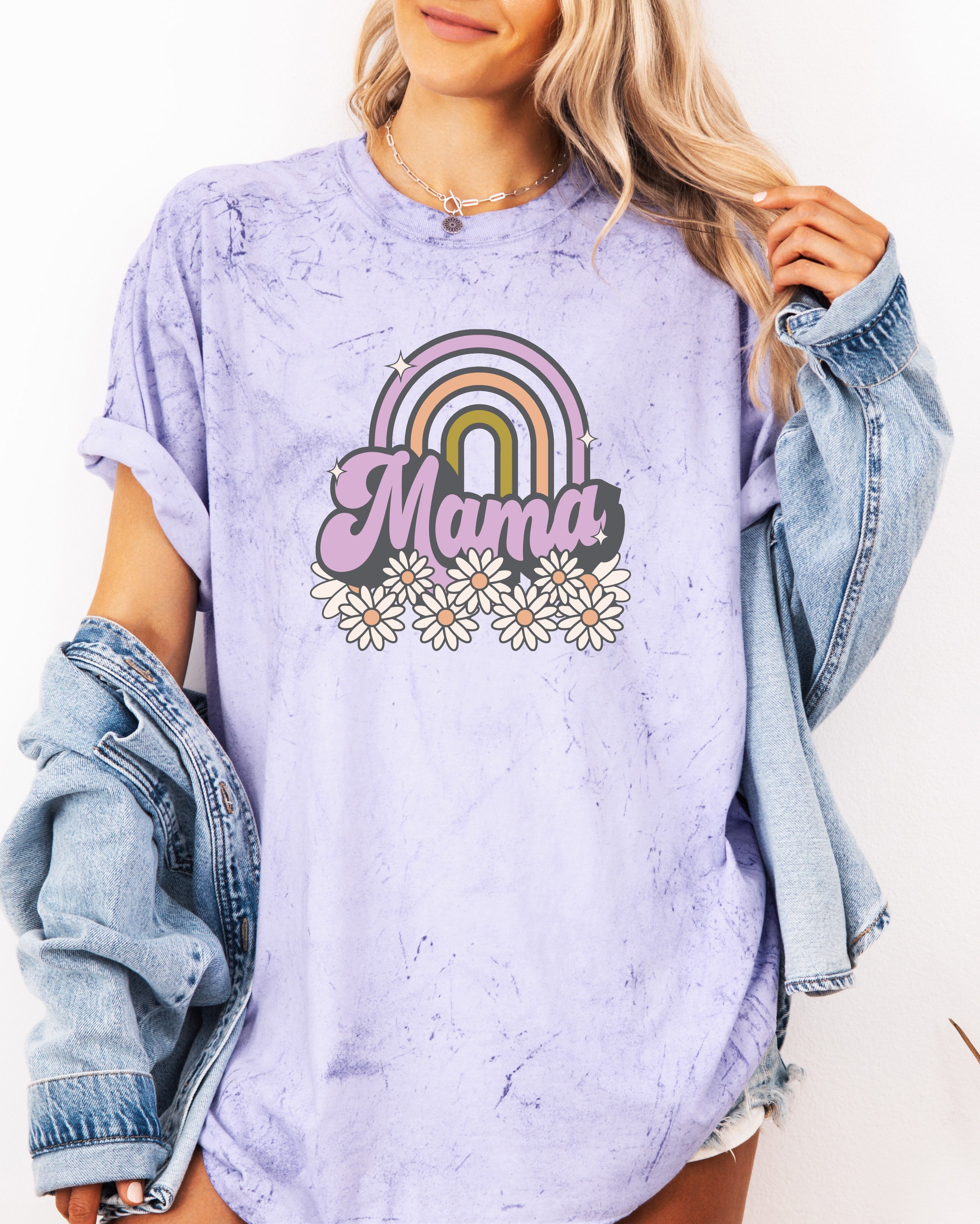 Light lavender Mama rainbow graphic comfort t-shirt with floral daisy outline