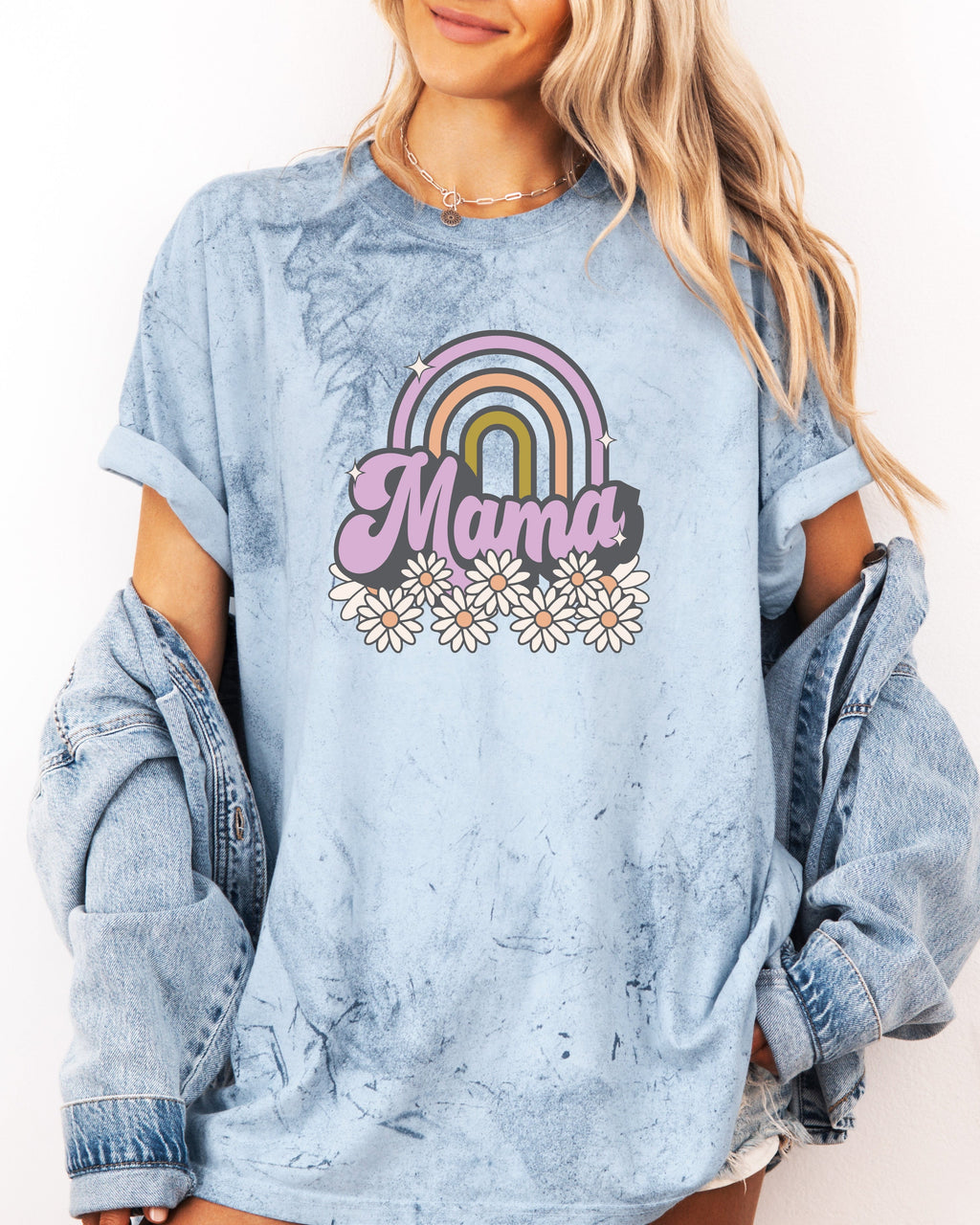 Unisex graphic T-shirt, light blue, short sleeves with rainbow Mama design