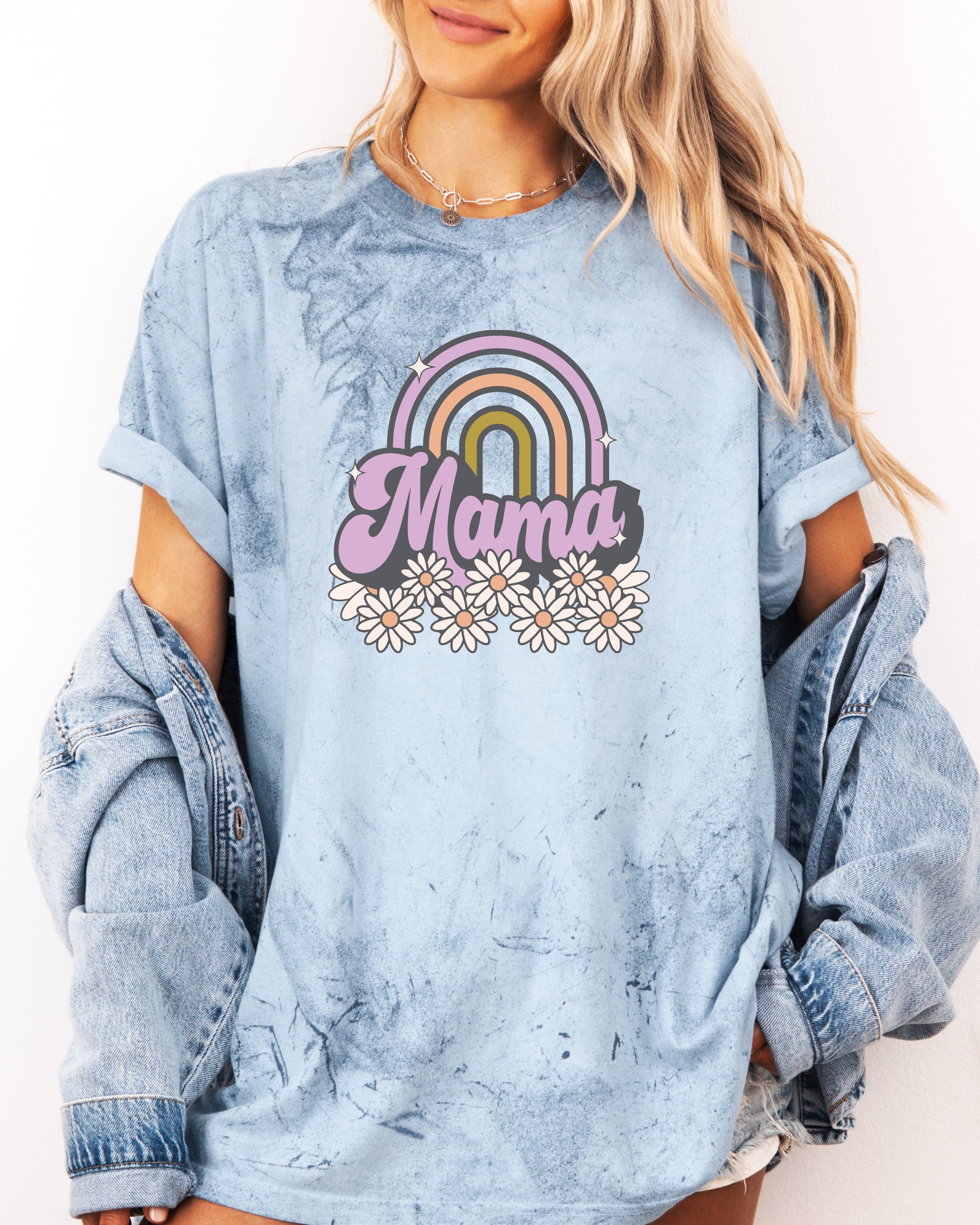 Unisex graphic T-shirt, light blue, short sleeves with rainbow Mama design